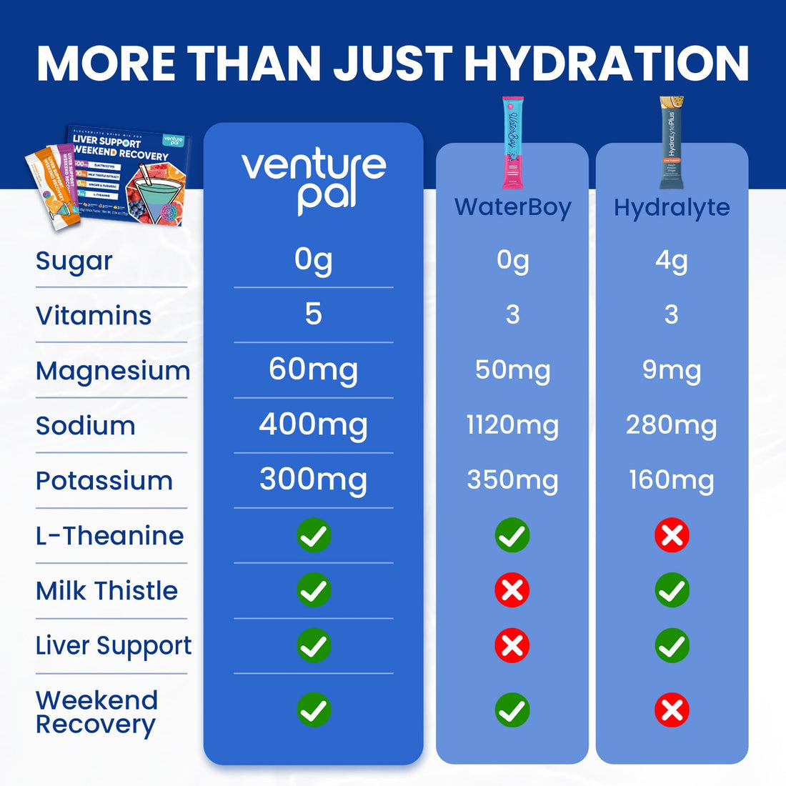 Venture Pal Liver Support Sugar Free Electrolyte Powder Packets, Milk Thistle + Ginger & Turmeric + L-Theanine + 5 Vitamins & 7 Electrolytes, Rapid Rehydration&Weekend Recovery Gluten Free, 12 Sticks