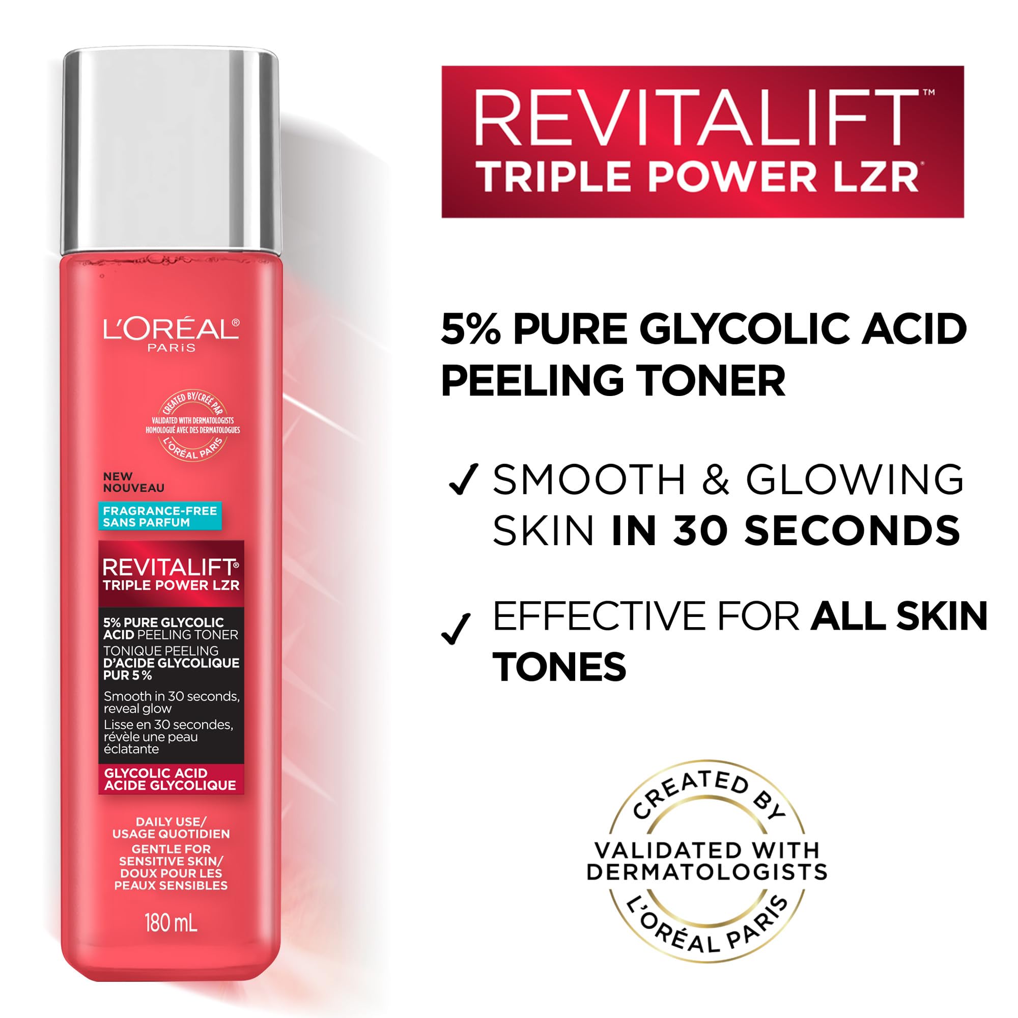L'Oreal Paris Revitalift 5% Pure Glycolic Acid Peeling Toner with Aloe Vera, Alcohol Free, Fragrance Free 6 fl oz