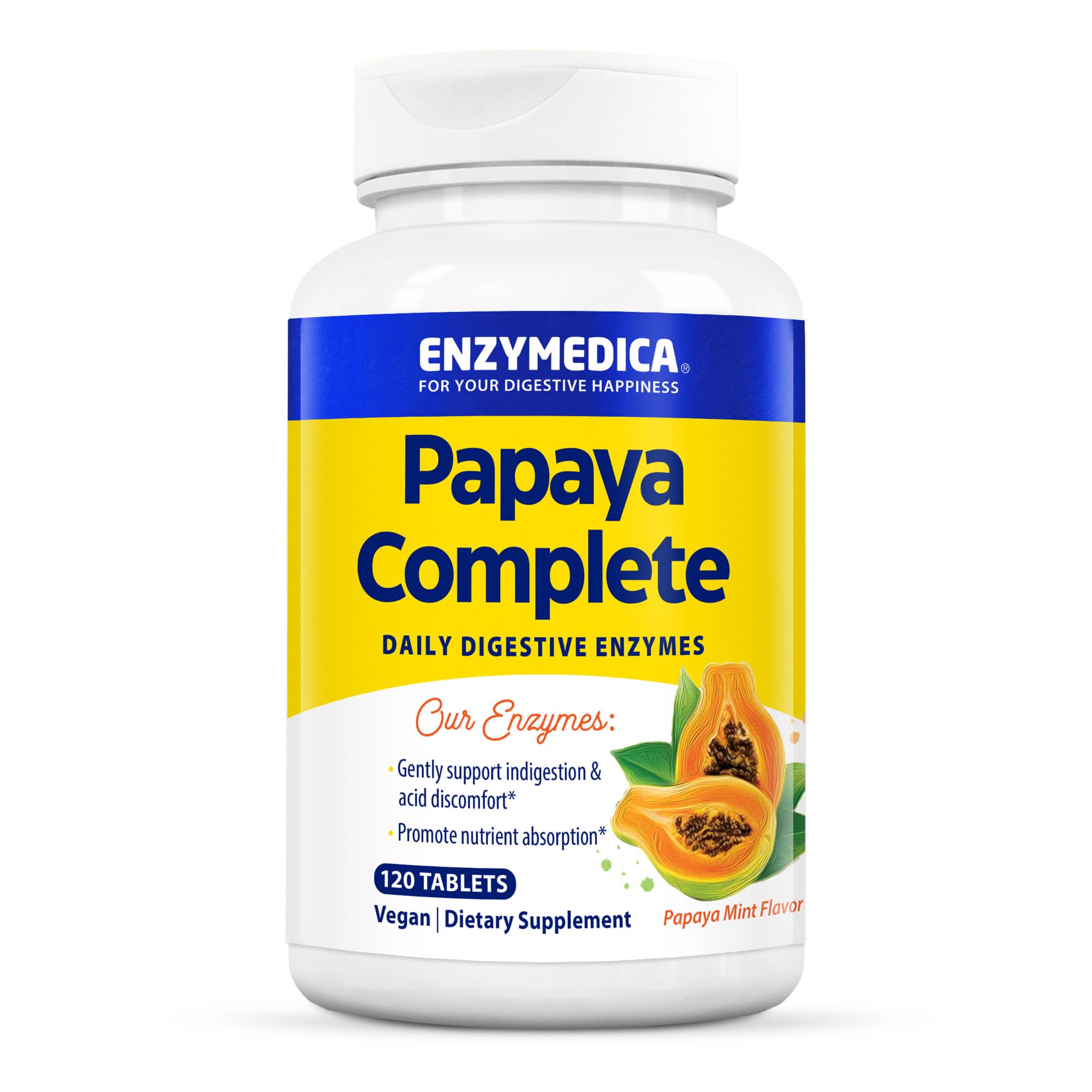 Enzymedica Papaya Complete, Daily Digestive Enzymes with Organic Papaya Juice and Chlorophyll for Meal & Nutrient Absorption, High Potency Bromelain & Papain, Vegan, Mint Flavor, 120 Chewable Tablets