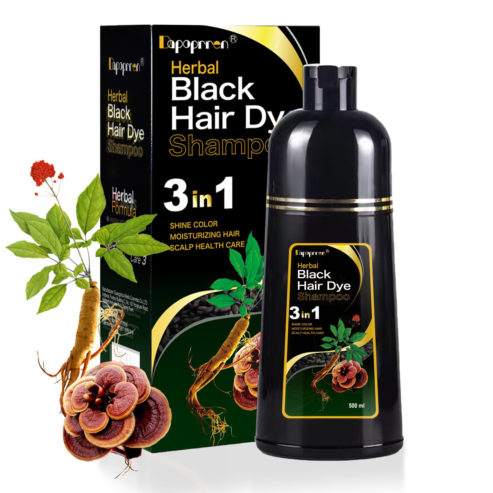 Dapoprren 3 in 1 Instant Black Hair Dye Shampoo | Herbal-Infused Color & Nourishing Formula for Women & Men and All Hair Types | 17 Oz
