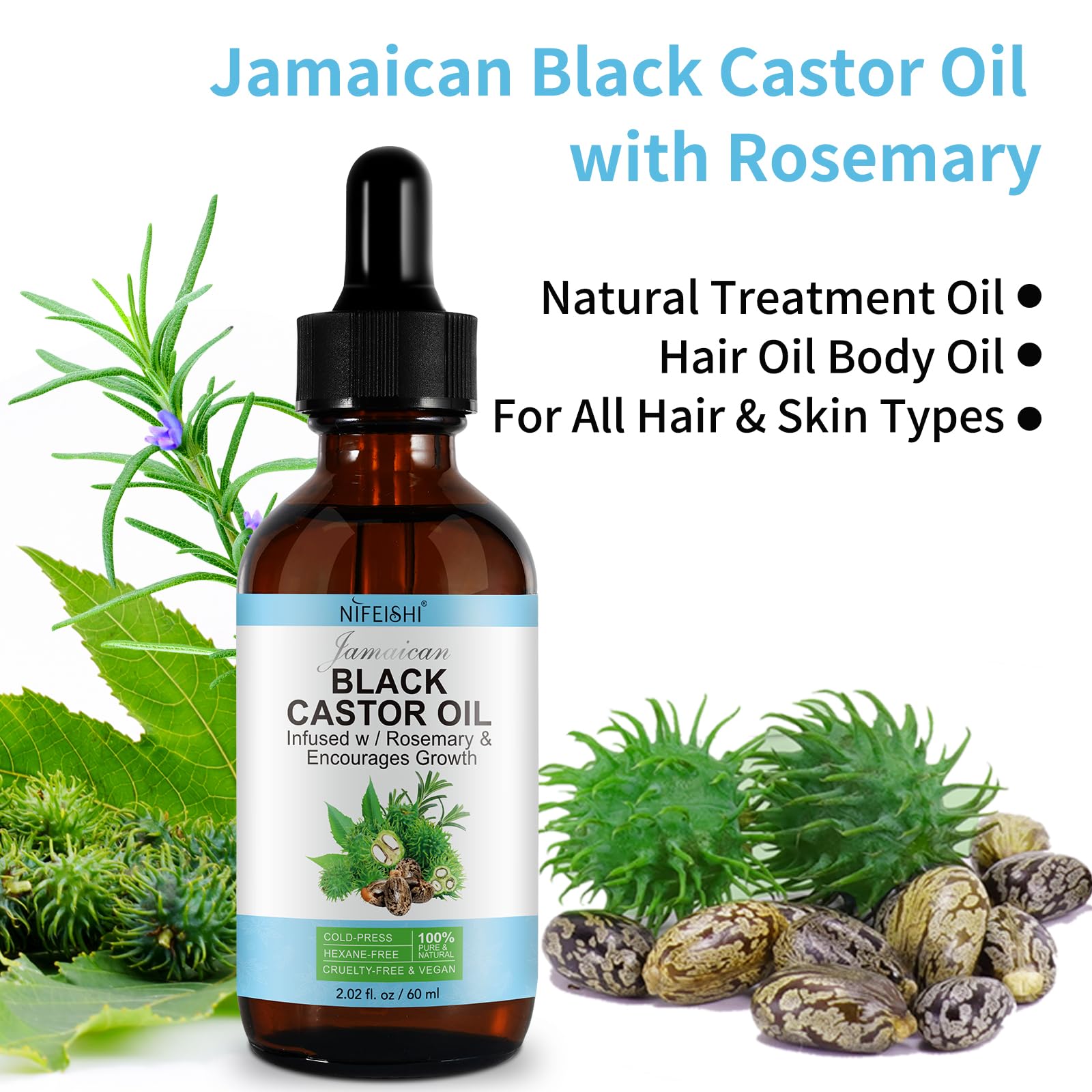 NIFEISHI Organic Castor Oil, 2pcs Pure Natural Jamaican Black Castor Oil Infused with Rosemary, Cold Pressed Glass Bottles, Boost Hair Growth for Thicker, Fuller Hair, Eyelashes & Eyebrows 2.02 fl oz