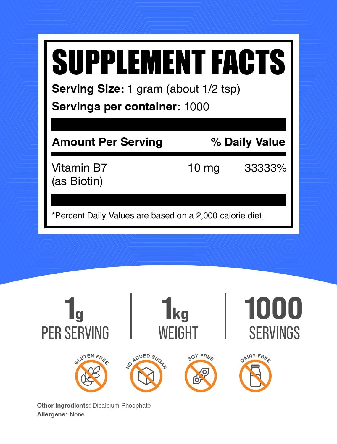 BulkSupplements.com Biotin 10000mcg Powder - Biotin Powder, Biotin Vitamins for Hair, Skin and Nails - as Vitamin B7, Gluten Free, 1000mg per Serving (10mg Biotin), 1kg (2.2 lbs) (Pack of 1)