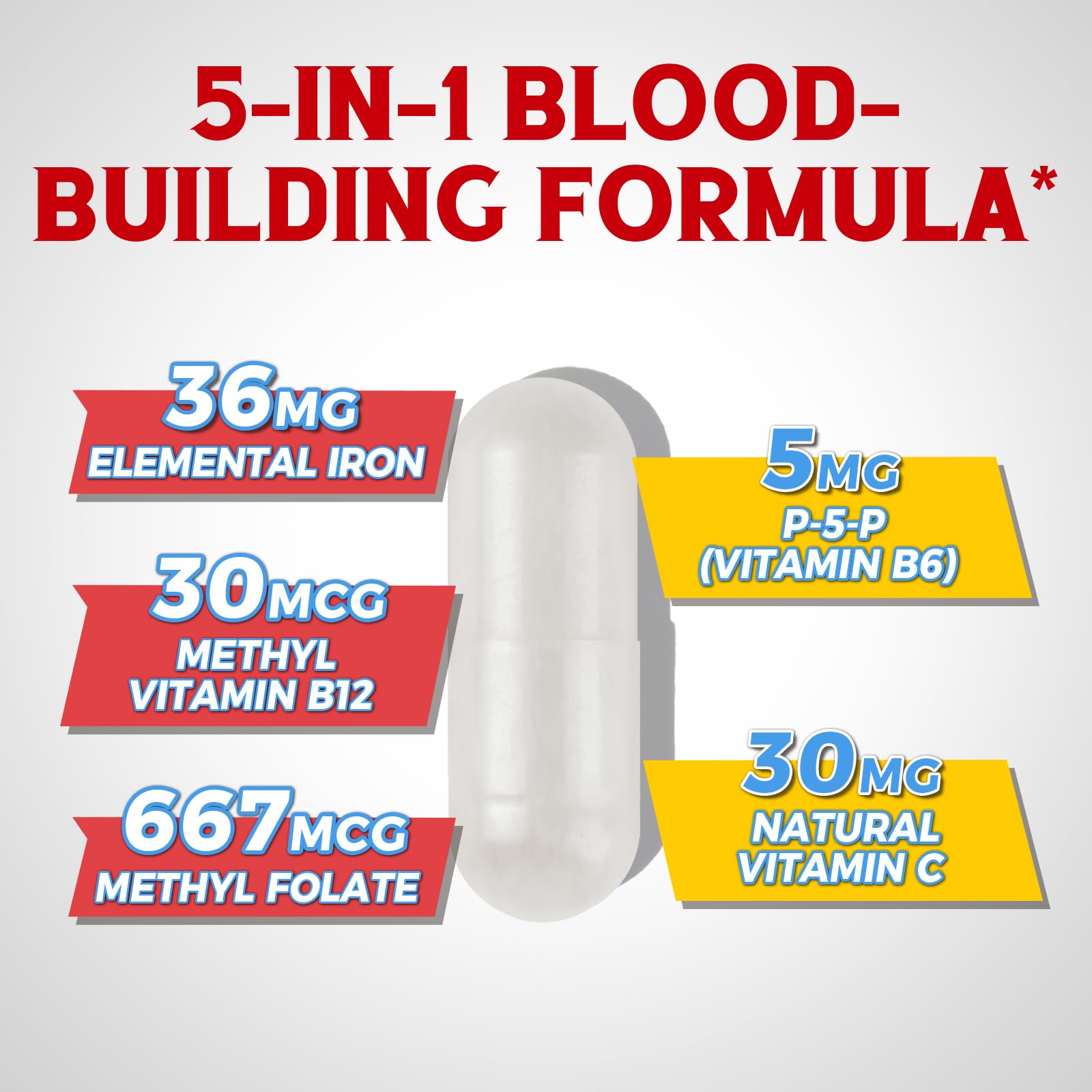 Iron Supplement for Women & Men, with Vitamins C, B6, B12 & Folate for Iron Deficiency, Blood Building & Energy Support, Stomach Friendly, Better Absorption, Non-GMO, No Gluten, 60 Vegan Caps
