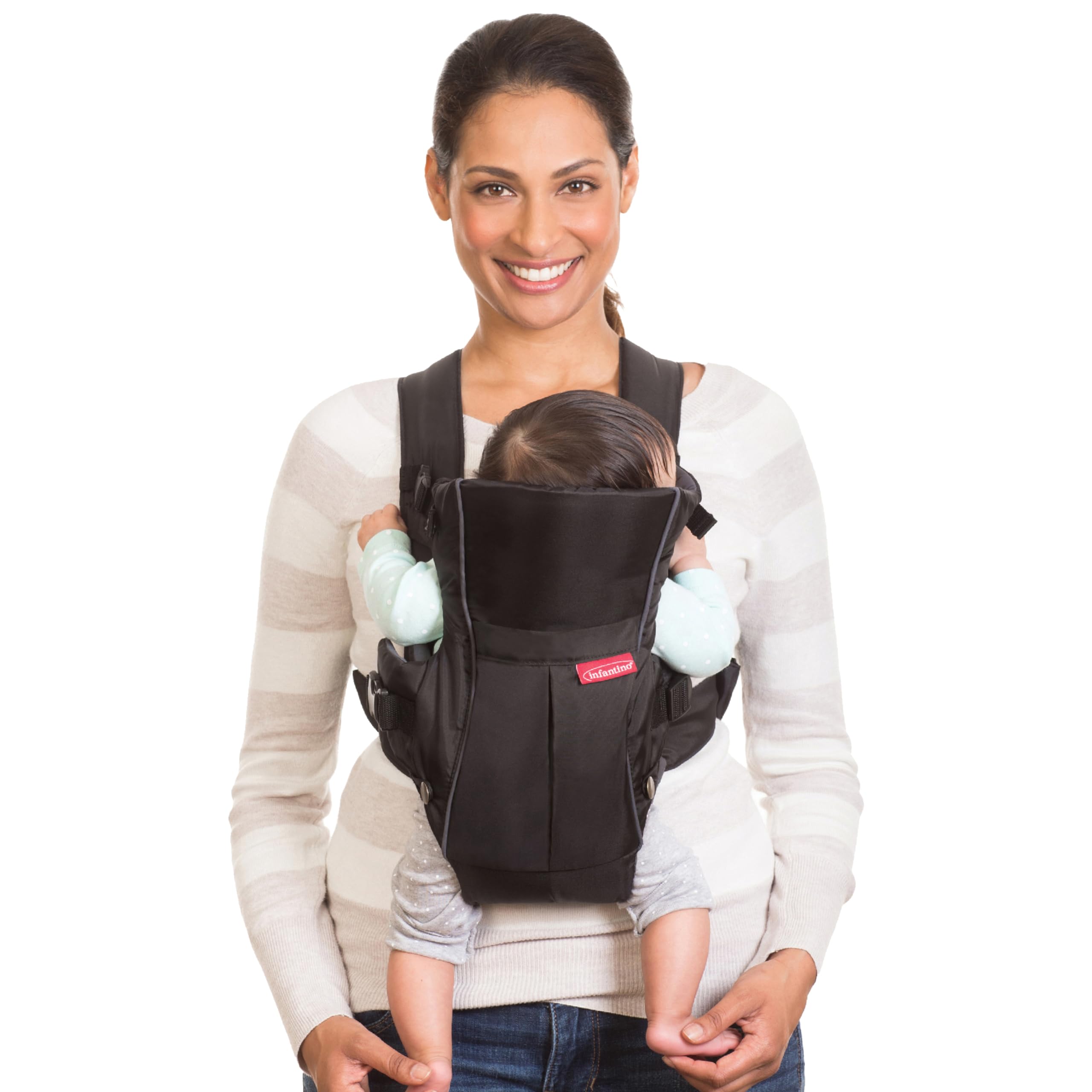 Infantino Swift Classic Carrier with Pocket, 2-Ways to Carry Carrier with Wonder Bib & Essentials Storage Front Pocket for Babies 8-25lb, Adjustable Strap, Black