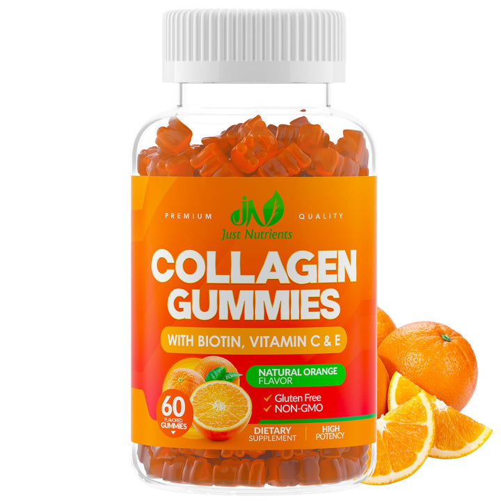 Just Nutrients Collagen Peptides Gummies with Biotin, Vitamin C & E for Women & Men - Premium Hydrolyzed Collagen Type I & III for Hair, Skin & Nails - Gluten-Free, Non-GMO - 60 Gummies