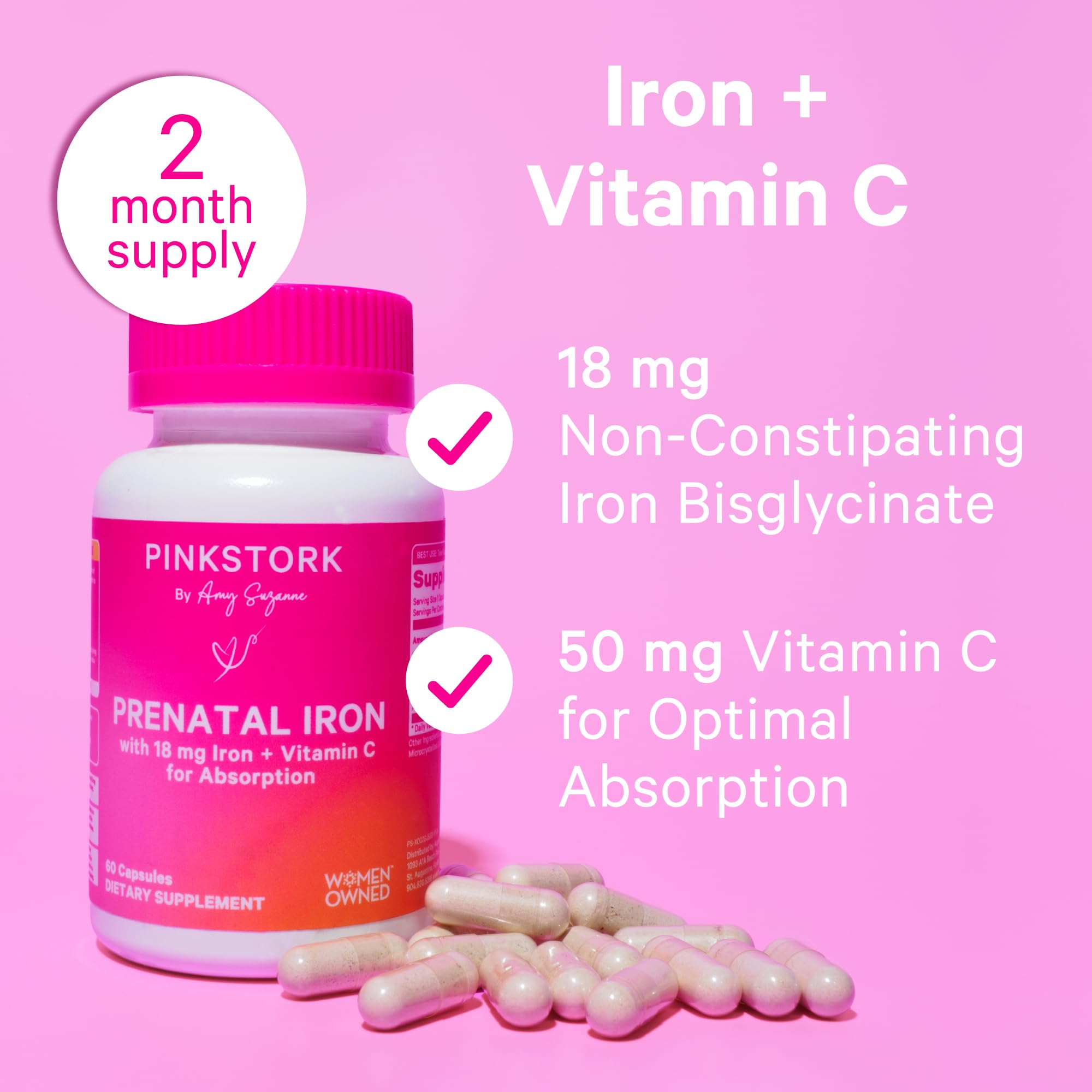 Pink Stork Prenatal Iron Supplement for Women - 18 mg Non-Constipating Iron & Vitamin C for Pregnancy, Postpartum, & Breastfeeding - Focus, Fatigue, & Blood Cell Production - 4 Month Supply