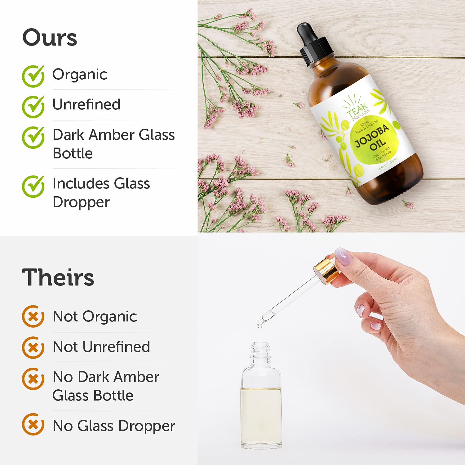 100% ORGANIC Teak Naturals Jojoba Oil - 4 oz - Pure Cold Pressed Unrefined Natural - Made In The USA