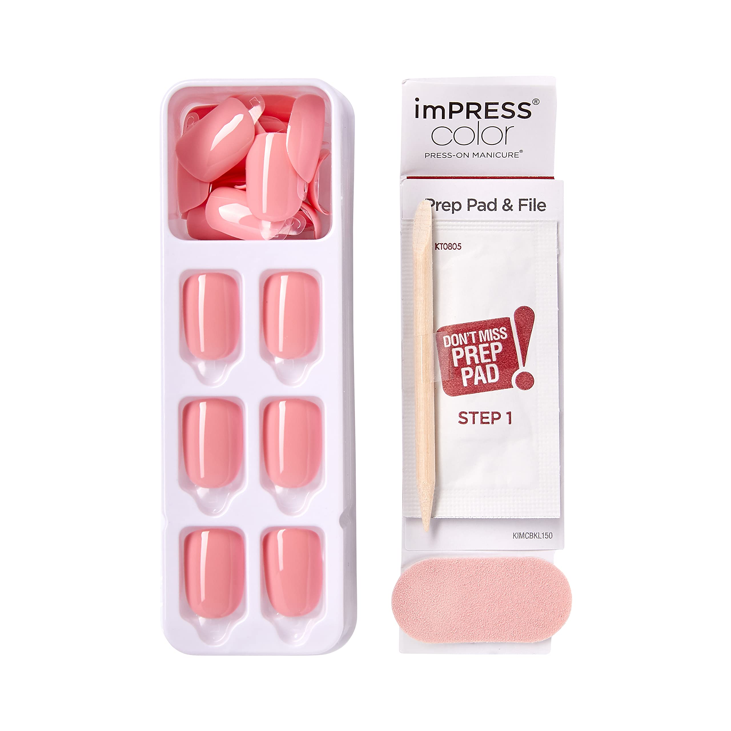 KISS imPRESS No Glue Mani Press On Nails, Color, 'Pretty Pink', Pink, Short Size, Squoval Shape, Includes 30 Nails, Prep Pad, Instructions Sheet, 1 Manicure Stick, 1 Mini File