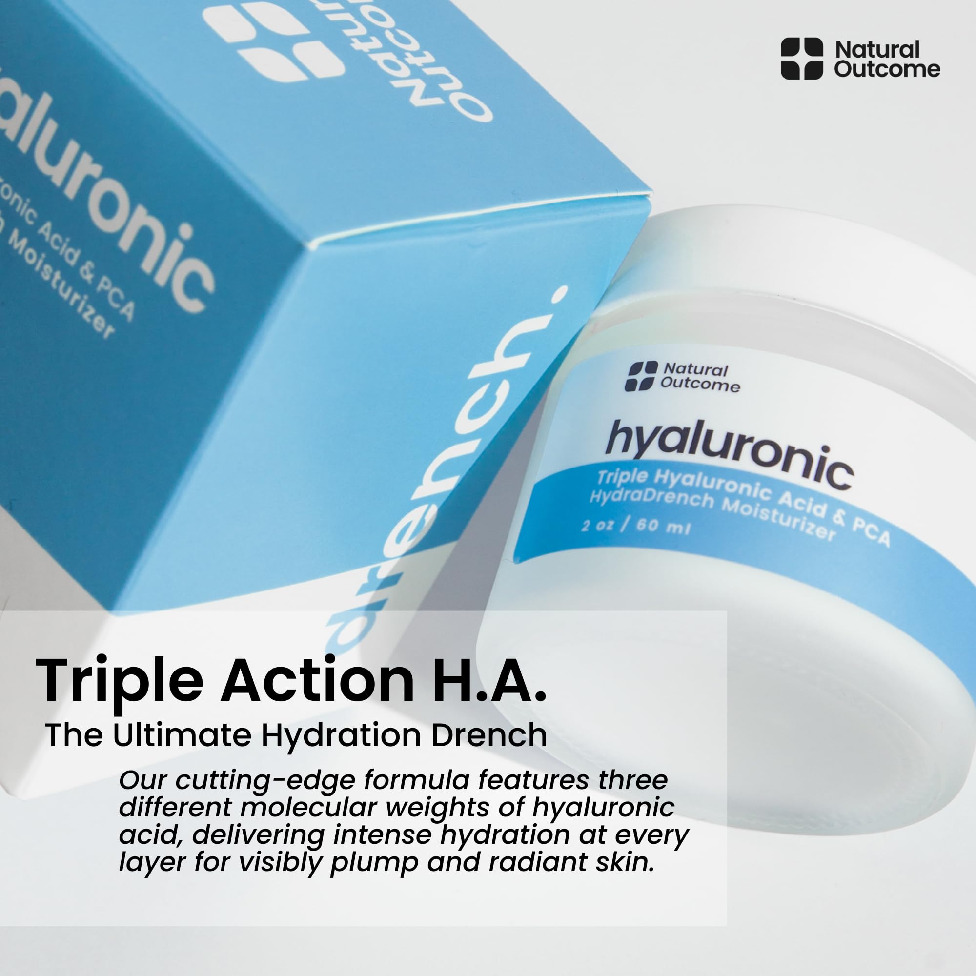 Natual Outcome - Hyaluronic Acid Moisturizer Face Cream for Skin, Daily Day & Night Hydrating Lotion Triple Hyaluronic Acid & PCA - Vegan, Cruelty Free, Fragrance Free 2 OZ