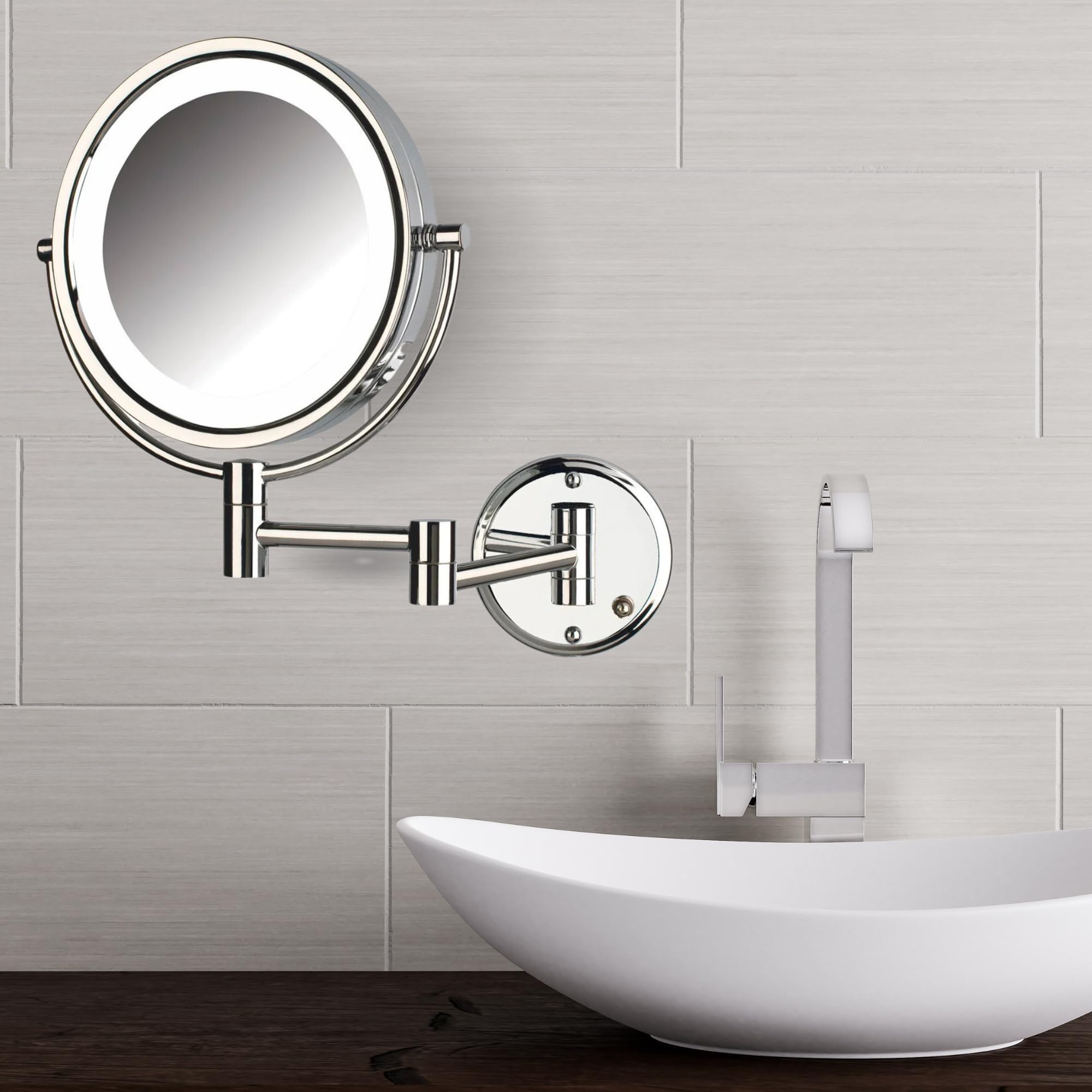 Jerdon Two-Sided Wall-Mounted Makeup Mirror with Lights - Lighted Makeup Mirror with 8X Magnification & Wall-Mount Arm - 8.5-inch Diameter Mirror with Chrome Finish Wall Mount - Model HL88CL