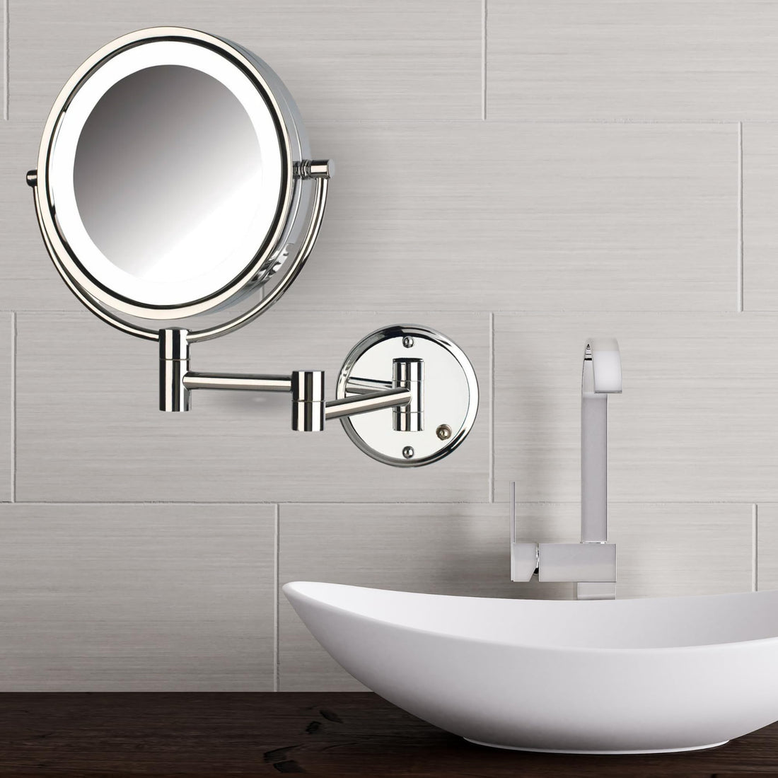 Jerdon Two-Sided Wall-Mounted Makeup Mirror with Lights - Lighted Makeup Mirror with 8X Magnification & Wall-Mount Arm - 8.5-inch Diameter Mirror with Chrome Finish Wall Mount - Model HL88CL