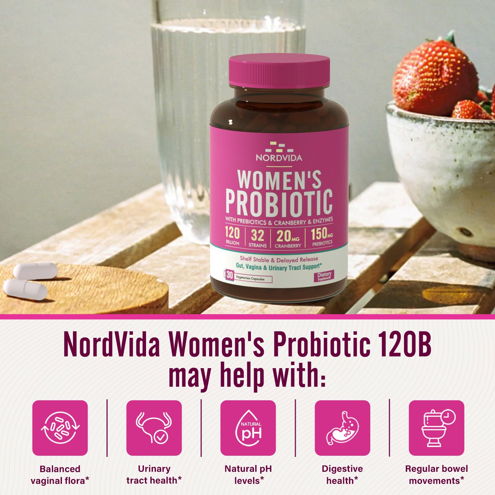 Nordvida Women's Probiotic, 120 Billion & 32 Strains with Cranberry, Prebiotics & Digestive Enzymes, Gut, Vaginal & Urinary Tract Support, 30 Delayed Release Capsules
