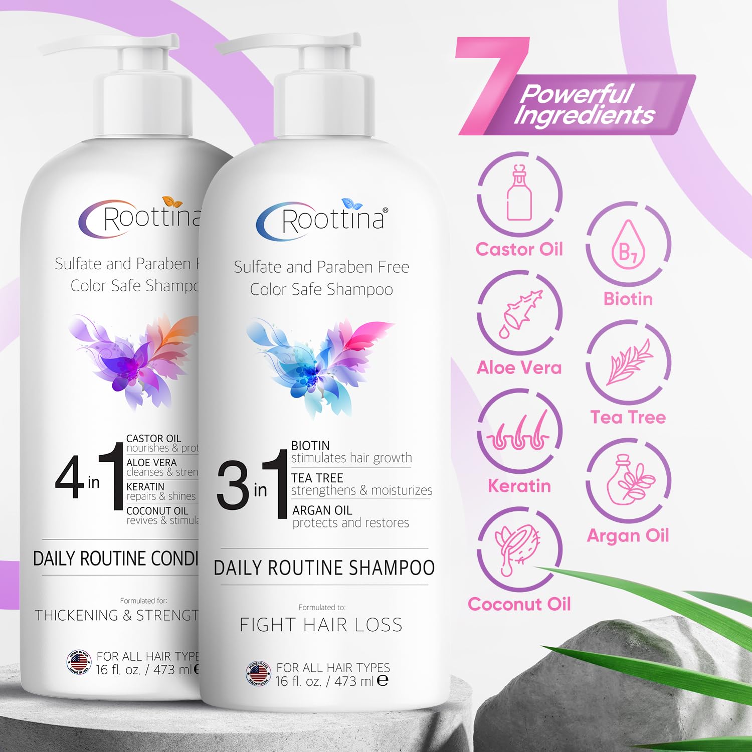 Thickening Roottina Daily Routine Shampoo and Conditioner for Women Hair Loss with DHT Blocker, Formulated for Thinning Hair & Hair Growth Support, Made in USA, Infused with natural Oils (16 oz x 2)