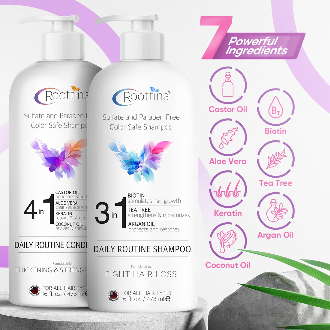 Thickening Roottina Daily Routine Shampoo and Conditioner for Women Hair Loss with DHT Blocker, Formulated for Thinning Hair & Hair Growth Support, Made in USA, Infused with natural Oils (16 oz x 2)