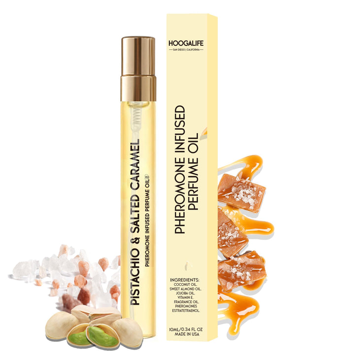 HoogaLife Pheromone Perfume for Women, Fragrance Pheromones Perfumes Attract Men, Long Lasting Fragrance Perfume Oil - PISTACHIO & SALTED CARAMEL, Travel Size Perfume 0.34 fl. Pheromone Cologne