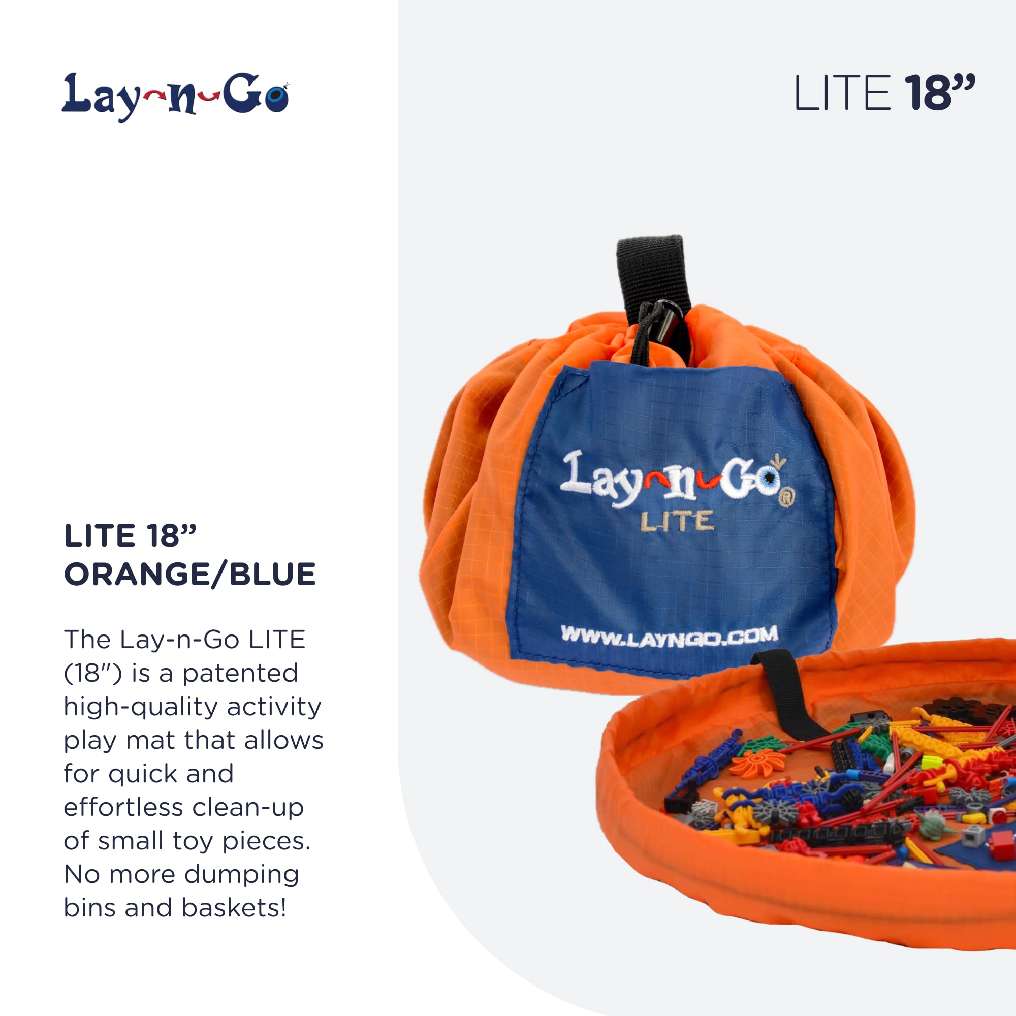 Lay-n-Go 4-in-1 Drawstring Toy Storage Organizer Mat - Durable Machine Washable Drawstring Bag for Lego & Other Toys - Easy-to-Clean Pull String Bag w/Pocket & Raised Lip (18, Orange/Blue)