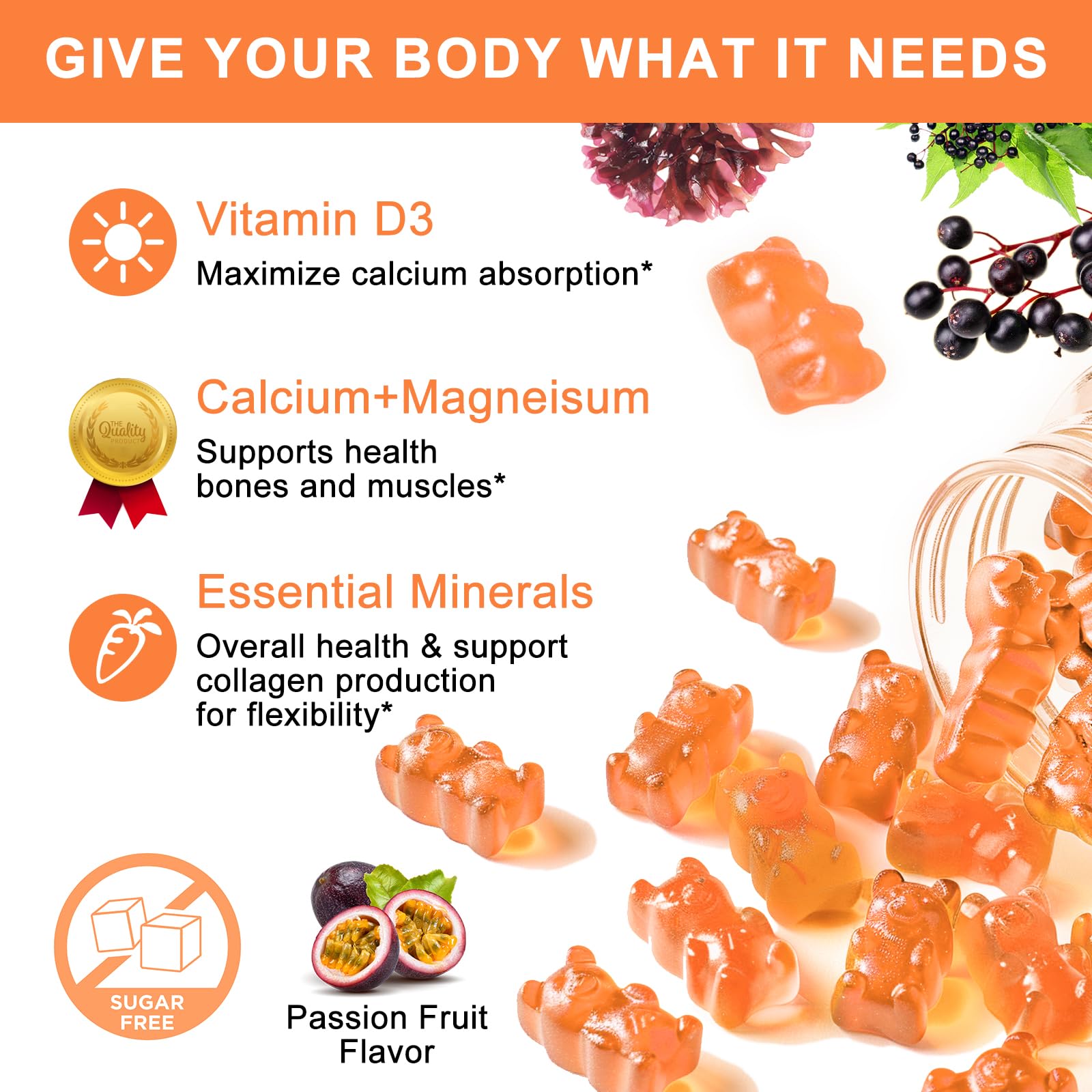 Calcium Gummies with D3,Zinc - Plant Complex Calcium Magnesium Supplement with Glycinate,Potassium,Vitamin C &Whole Natural Food for Bone & Immune Support- Chewable Gummy Sugar-Free -(1pack)