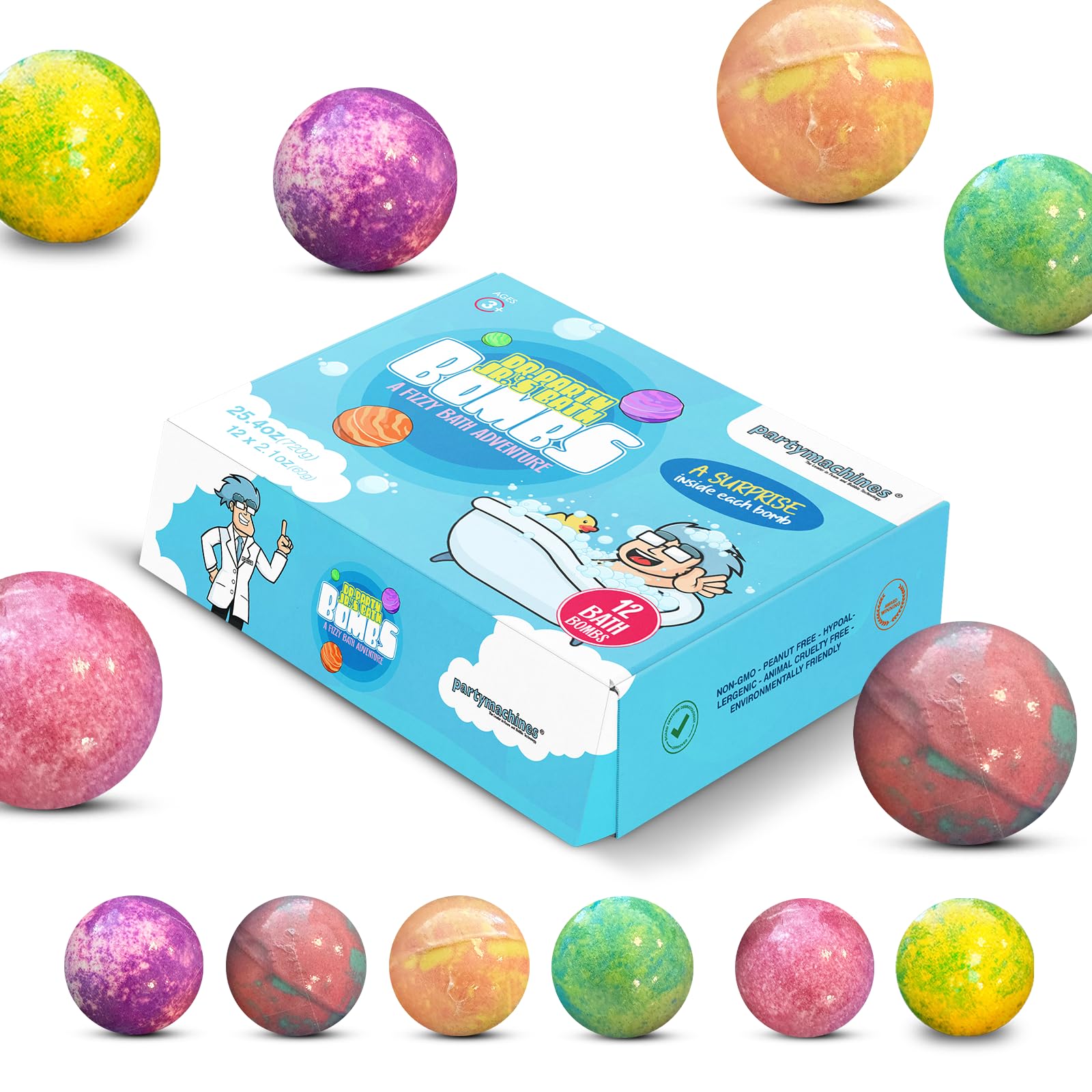 Splash Magic Kids Bath Bombs by Dr. Party - Box of 12 Colorful Bath Bombs, Dermatologist Approved for Young Children