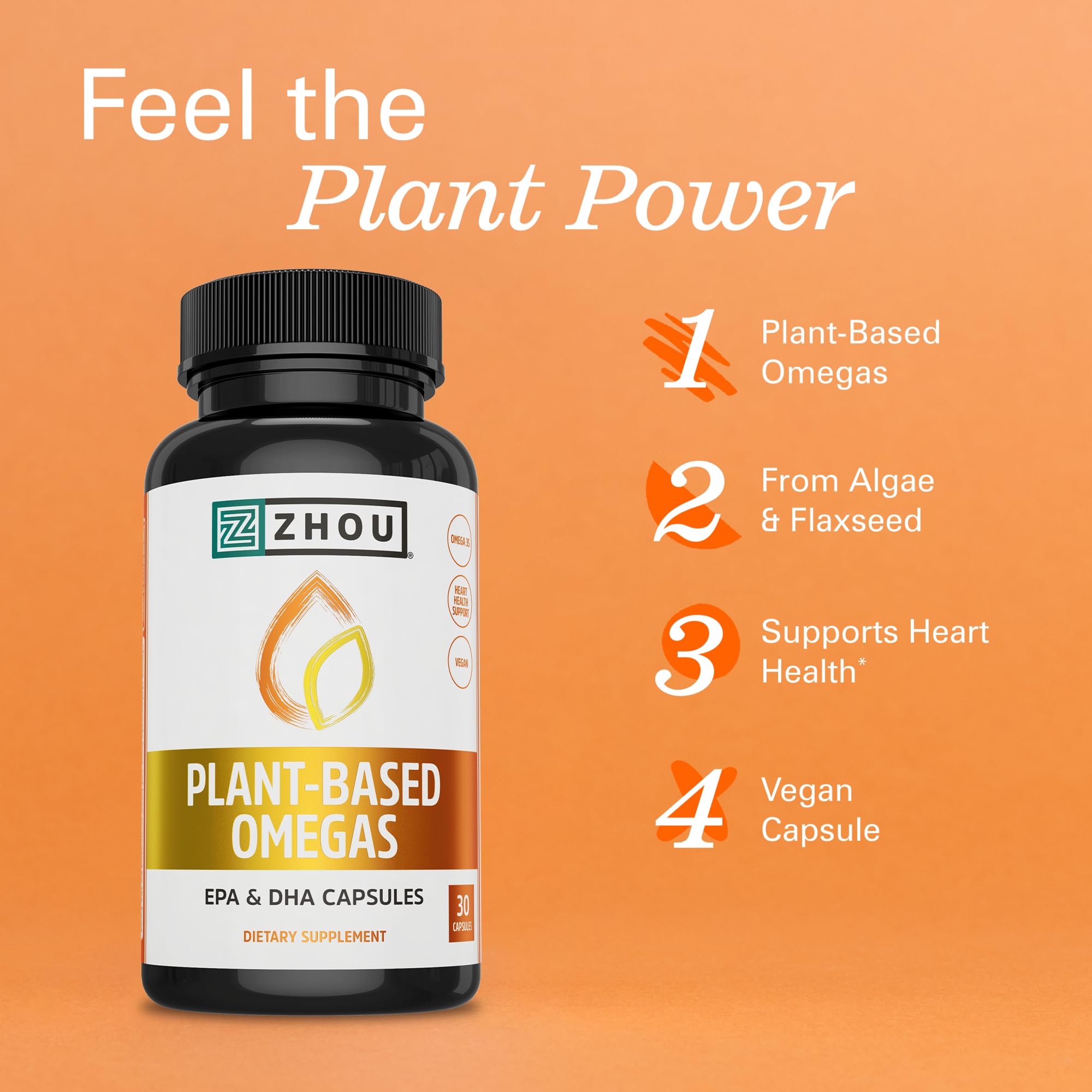 ZHOU Plant-Based Omegas, EPA and DHA Vegan Omega 3 Supplement with Algae and Flaxseed Oil, Heart Health Support, 60-Day Guarantee, 30 Servings, 30 Capsules