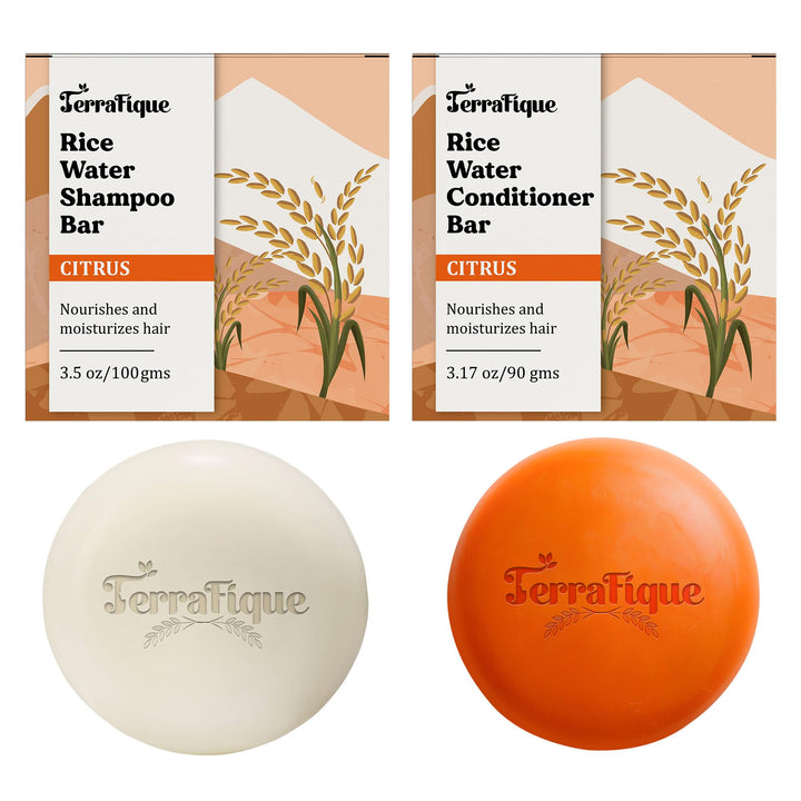 Terrafique Rice Water Shampoo and Conditioner Bar - Hair Care Set - Travel Friendly - 3.17 Oz
