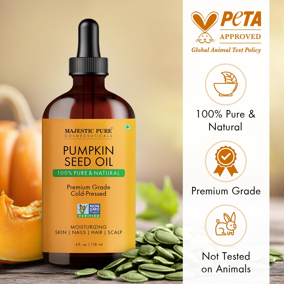Majestic Pure Pumpkin Seed Oil - 100% Pure & Natural - Premium Grade, Cold Pressed, Hexane Free - Hair, Eyelashes, Eyebrows, Nails - Moisturizing & Nourishing - 4 Fl Oz