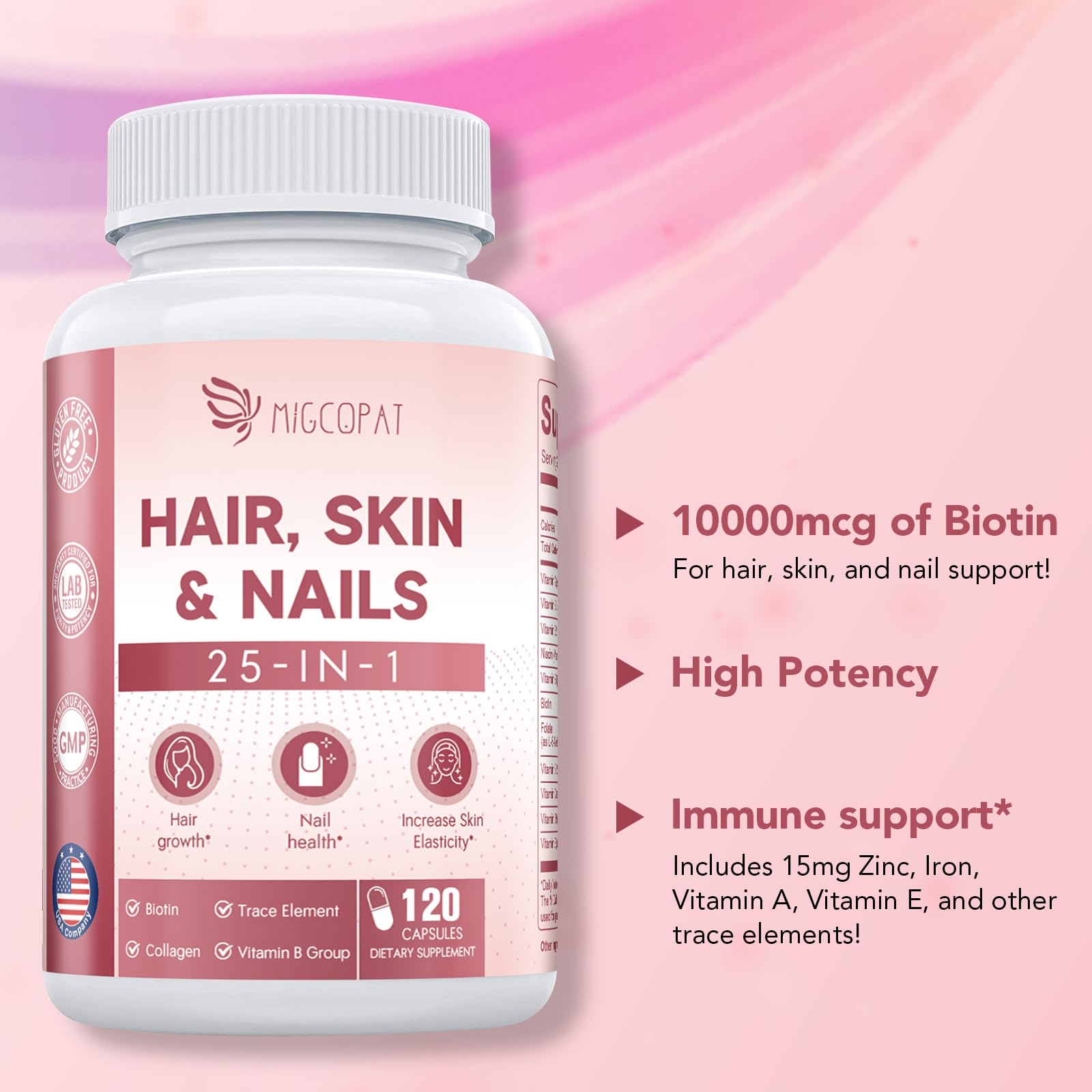 Migcopat Hair, Skin & Nails Supplement - 25-in-1 Formula with Biotin 10,000mcg, Collagen, Vitamins & Minerals - Supports Hair, Skin, and Nail Health for Women & Men - 120 Capsules