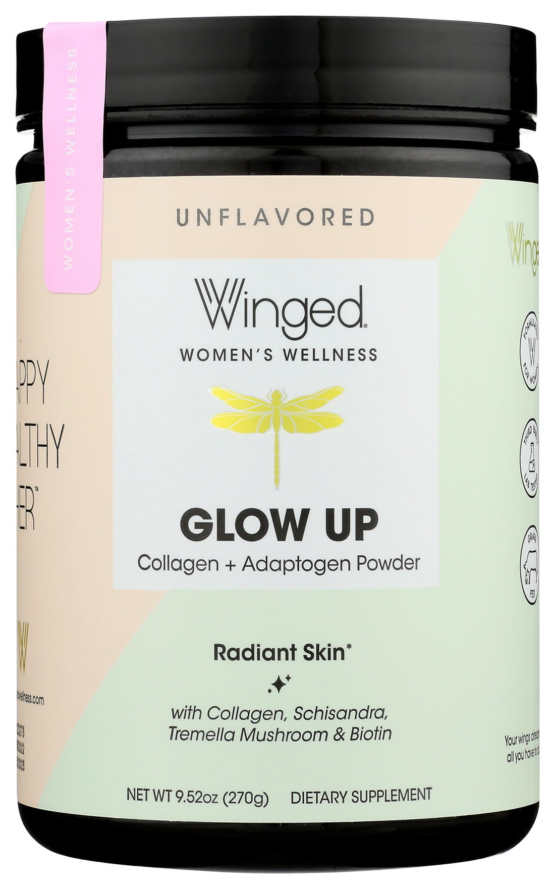 Winged Wellness Glow Up, Collagen Powder for Women - Hair, Skin & Nails Beauty Supplement with Grass-Fed Hydrolyzed Collagen Peptides Adaptogens, Vitamin C & Biotin - 25 Servings, Unflavored