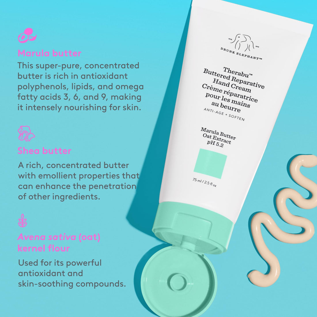 Drunk Elephant Therabu Buttered Reparative Hand Cream - 75 ml/2.5 fl oz - Hand Lotion - Clean Clinical Skincare - Cruelty-Free - Dermatologist-Tested - Free of Essential Oils, Silicones, and Fragrance