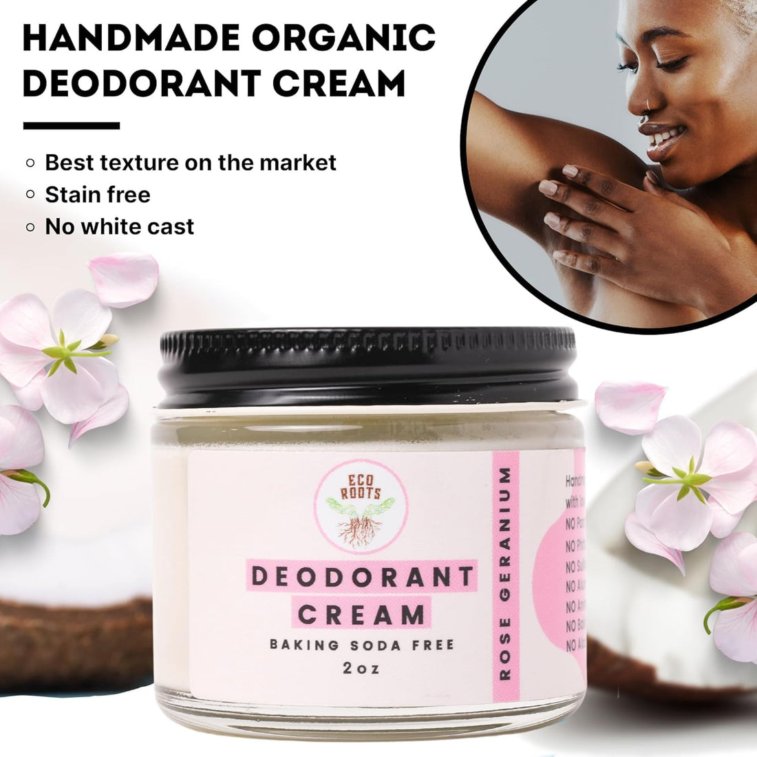 ECO ROOTS Natural Deodorant for Women & Men | Organic Deodorant Cream Non Aluminum | Baking Soda Free Healthy Deoderant for Body & Private Parts | All Vegan Pit Paste Zero Sweat | Rose Geranium Scent