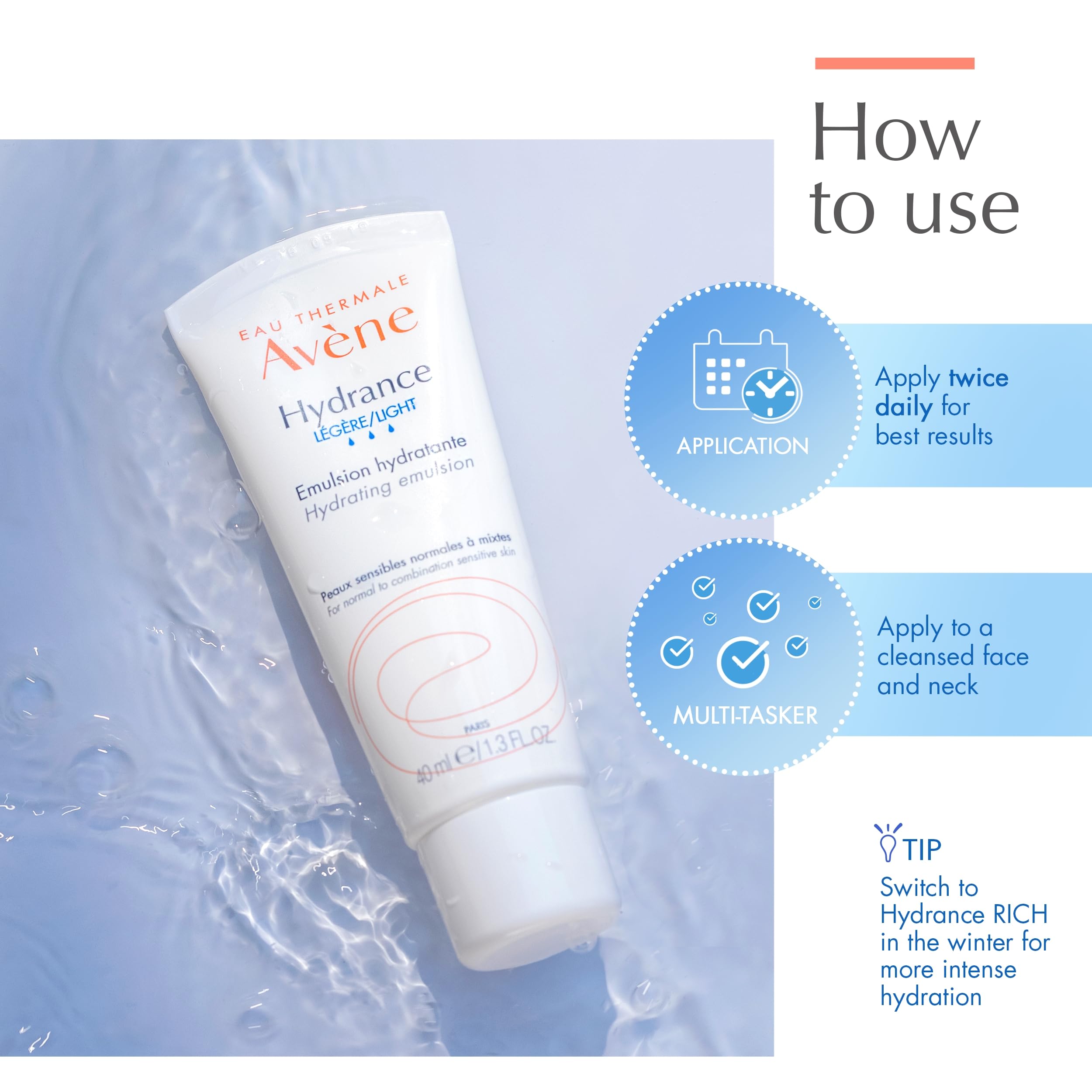 Avène Hydrance LIGHT Hydrating Emulsion, Daily Face Moisturizer Cream, Non-Comedogenic, 1.3 Oz