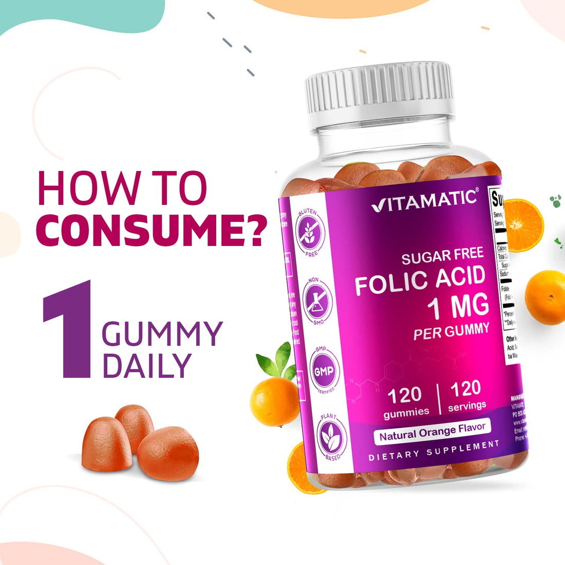 Vitamatic Folic Acid Gummies 1000 mcg (1 mg) - an Essential Prenatal Vitamins for Mom & Baby - Vitamin B9-120 Vegan Gummies (1)