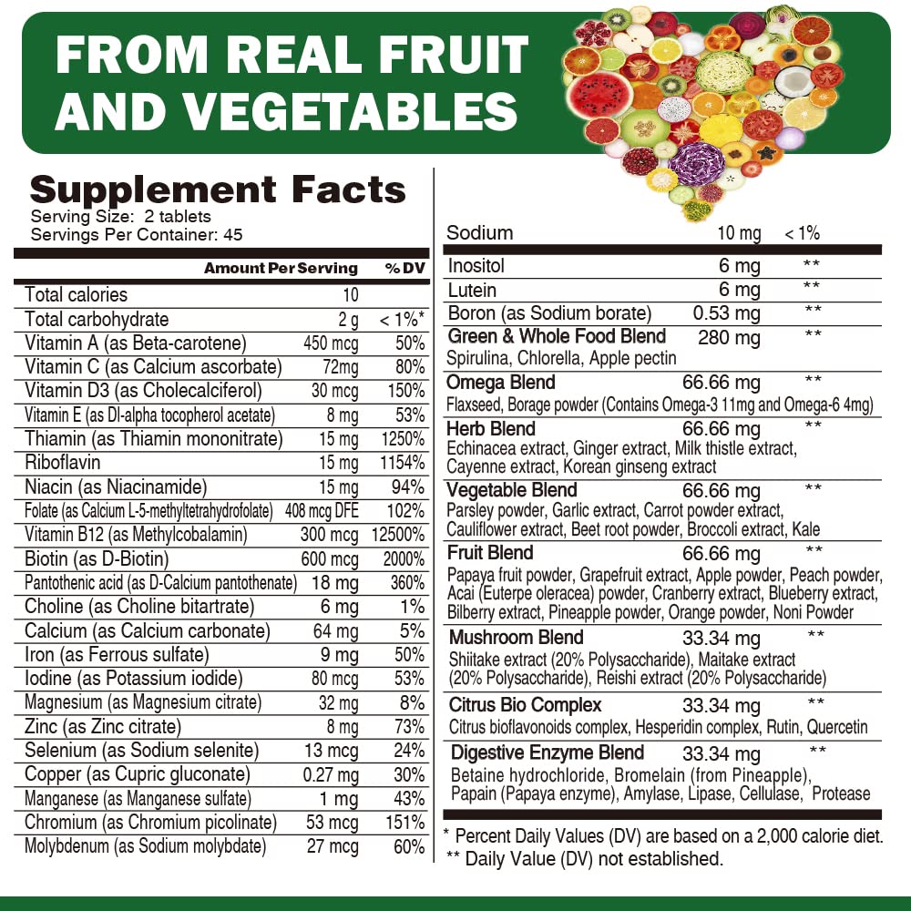 Whole Food Multivitamin for Men Women - with 65+ Vitamins, Minerals, Organic Nature Powder & Extracts - Whole Food Supplement for Energy, GUT, immune Health - All Natural, Non-GMO 90 Vegan Tablets