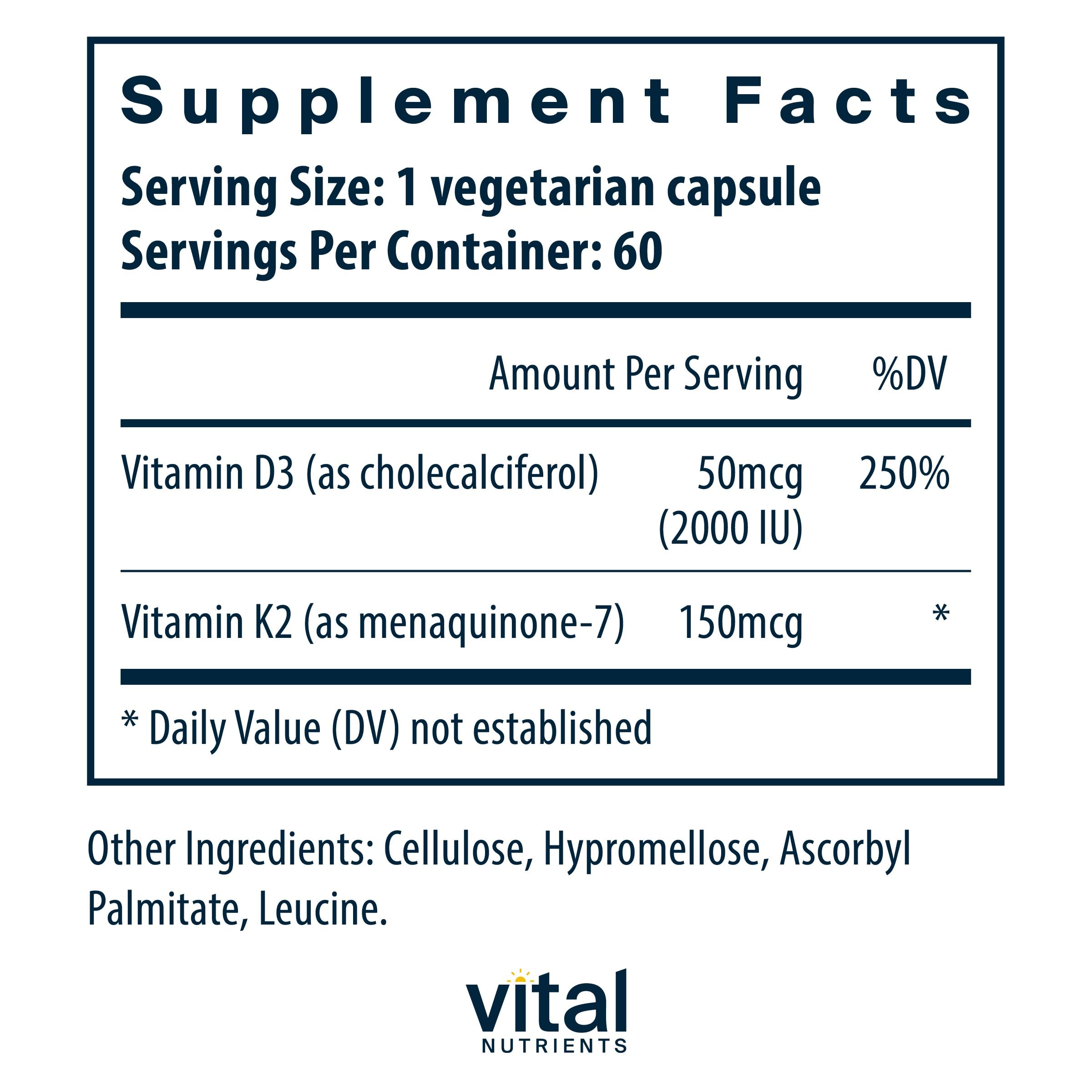 Vital Nutrients Vitamin D3 + K2 | 2000 IU | Vitamin D3 K2 Supplement | Vitamin D Complex for Healthy Calcium Levels, Muscle & Bone Health | Gluten, Dairy, Soy Free | 60 Capsules