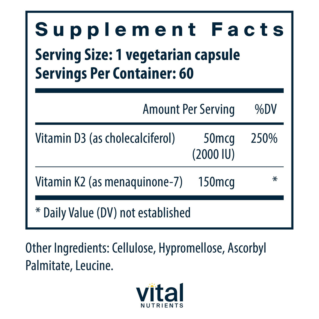 Vital Nutrients Vitamin D3 + K2 | 2000 IU | Vitamin D3 K2 Supplement | Vitamin D Complex for Healthy Calcium Levels, Muscle & Bone Health | Gluten, Dairy, Soy Free | 60 Capsules