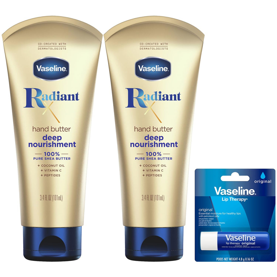 Vaseline Lotion, Radiant X Deep Nourishment Hand Butter 2-Pack for Dry Skin + Original Vaseline Lip Therapy Stick for Dry Lips with Petroleum Jelly (3 Piece Set)