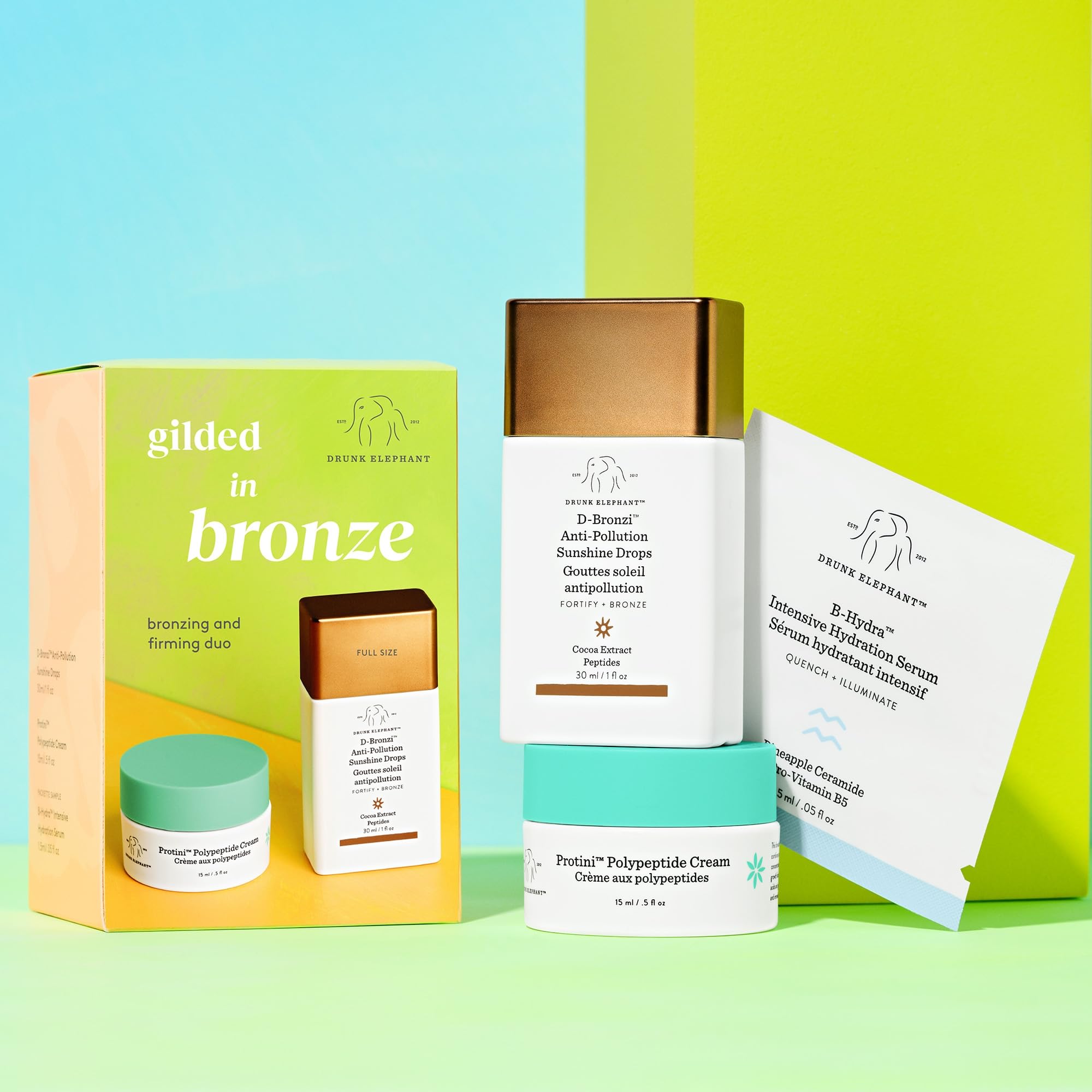 Drunk Elephant Gilded in Bronze Kit - Includes D-Bronzi Anti-Pollution Sunshine Drops (30 ml/1 fl oz) & Protini Polypeptide Cream (15 ml/0.5 fl oz) - Holiday Gift Set