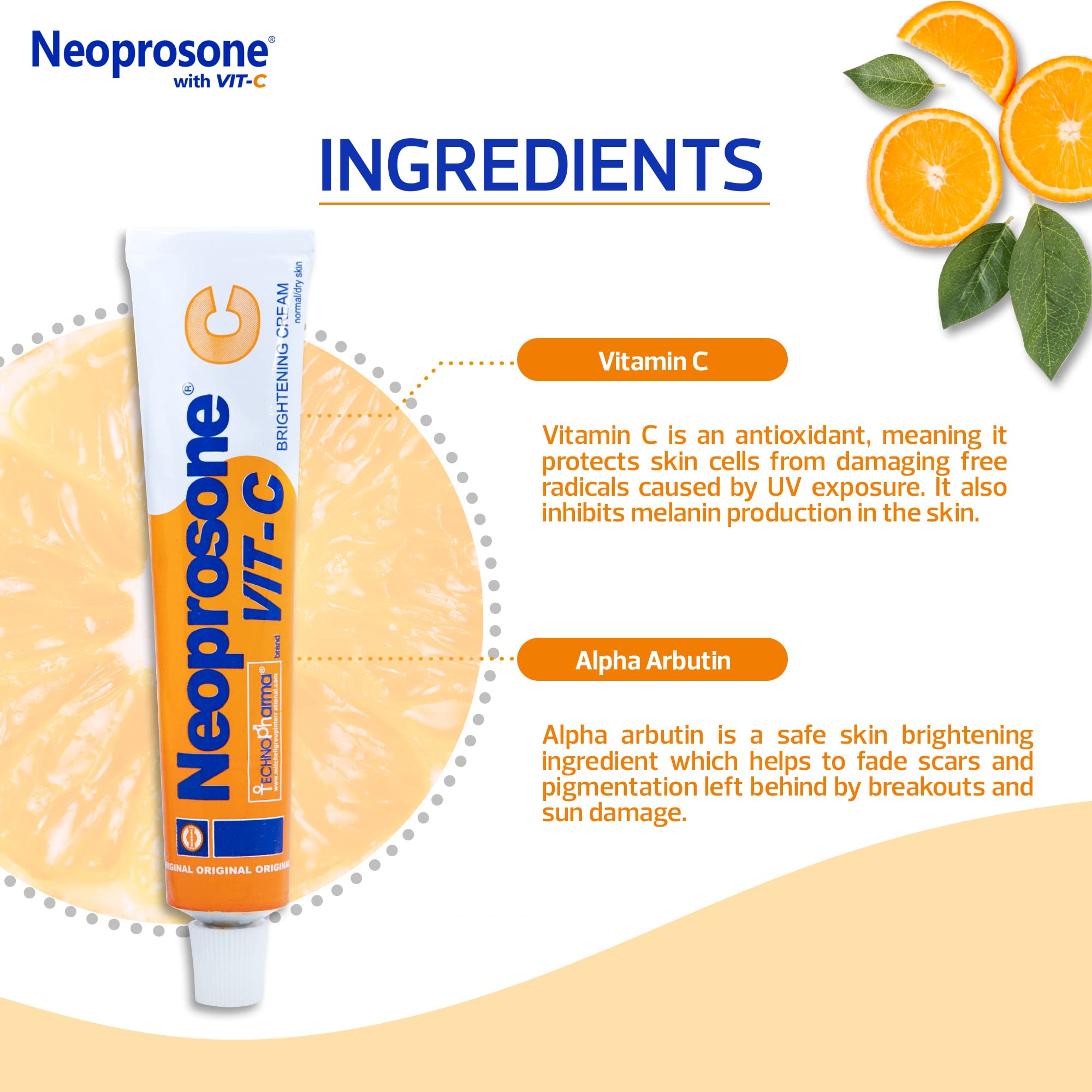 Neoprosone Skin Brightening Cream - 1.7 Fl oz / 50 ml - with Vitamin C and Alpha Arbutin Complex
