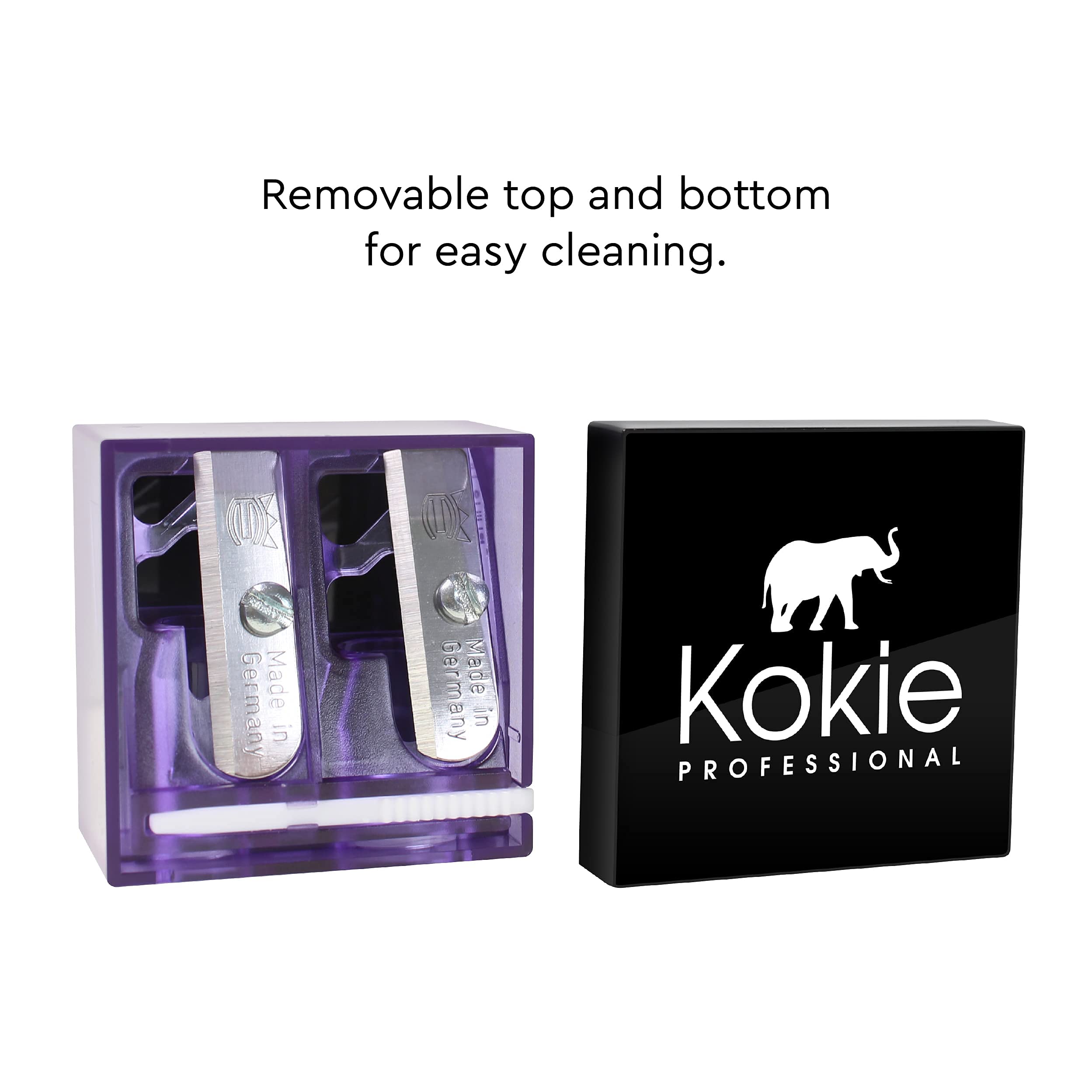 Kokie Makeup Pencil Sharpener for Lip, Eyebrow, and Eyeliner Pencil, Made in German Stainless Steel Blade, Size-Adjusting Adapter, Cleaning Stick