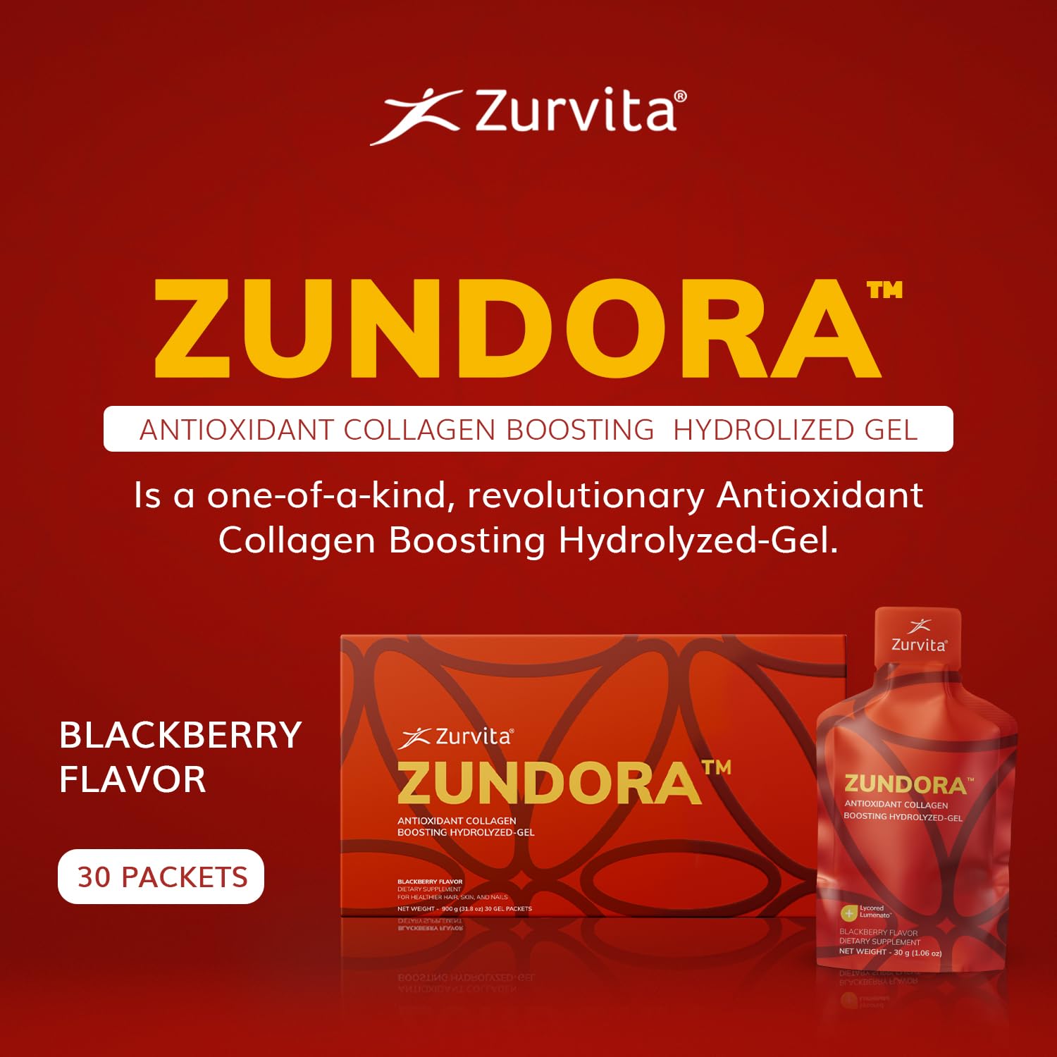 Zurvita - Zundora Collagen - Hydrolyzed-Gel for Healthy Hair, Skin & Nails - Beauty Boost with Verisol - BlackBerry Flavor - Travel Size - 30 Servings