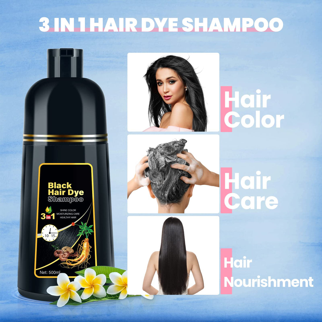 IIIMEIDU Hair Dye Shampoo for Gray Hair Coverage, 3 in 1 Natural Black Dye for Women Men, 500ml
