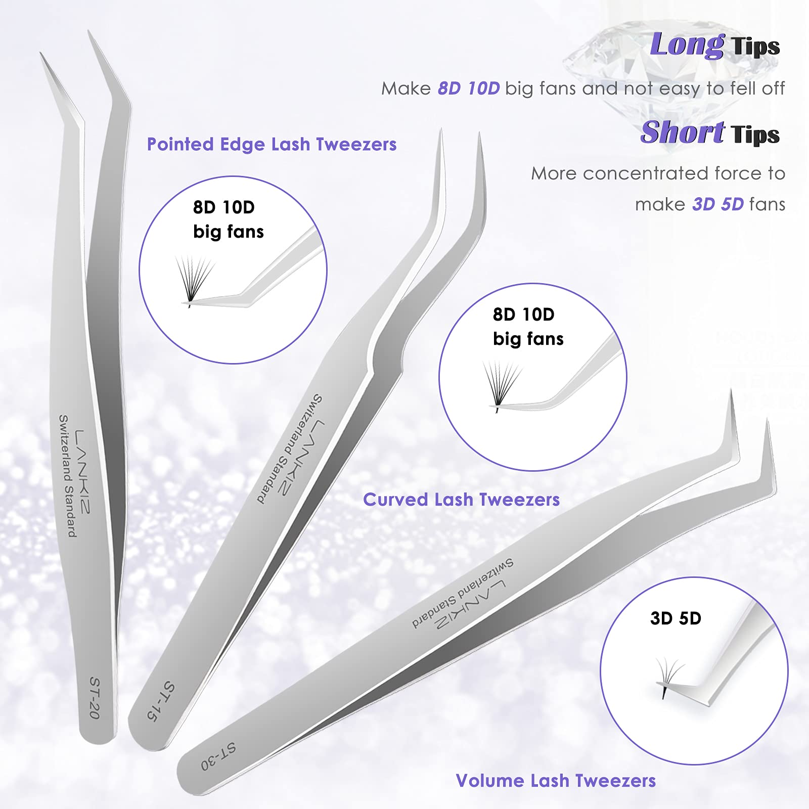 LANKIZ Eyelash Extension Tweezers Set 5 PCS for Volume Lash Extensions Stainless Steel Straight and Curved Tips Eyelash Tweezers for Extensions Isolation Fanning Applicator -Silver