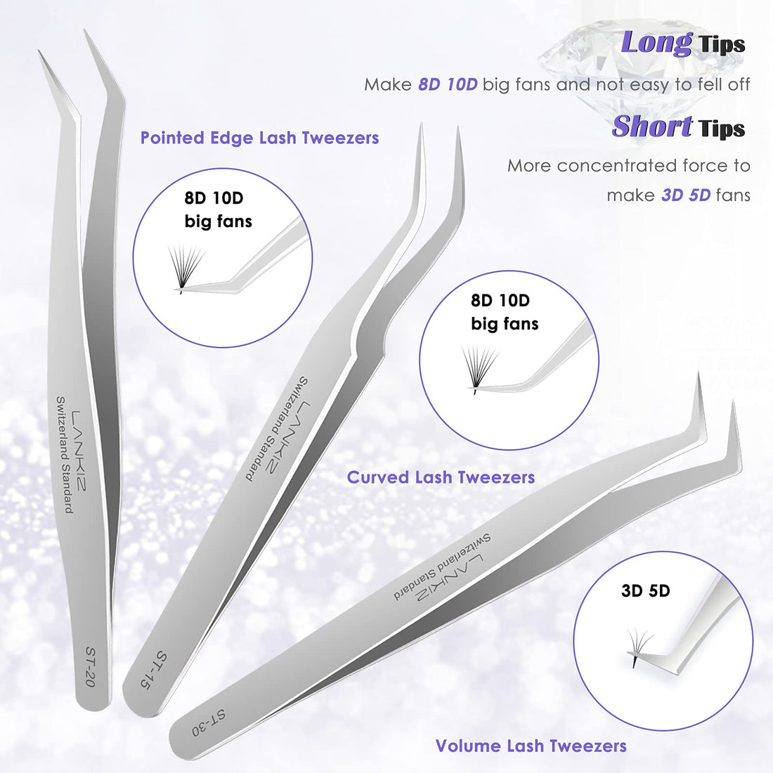 LANKIZ Eyelash Extension Tweezers Set 5 PCS for Volume Lash Extensions Stainless Steel Straight and Curved Tips Eyelash Tweezers for Extensions Isolation Fanning Applicator -Silver