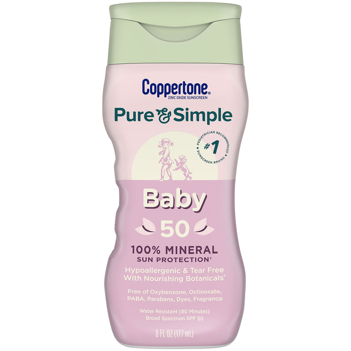 Coppertone Pure and Simple Baby Sunscreen Lotion SPF 50, Broad Spectrum Sunscreen for Baby, 6 Fl Oz Bottle