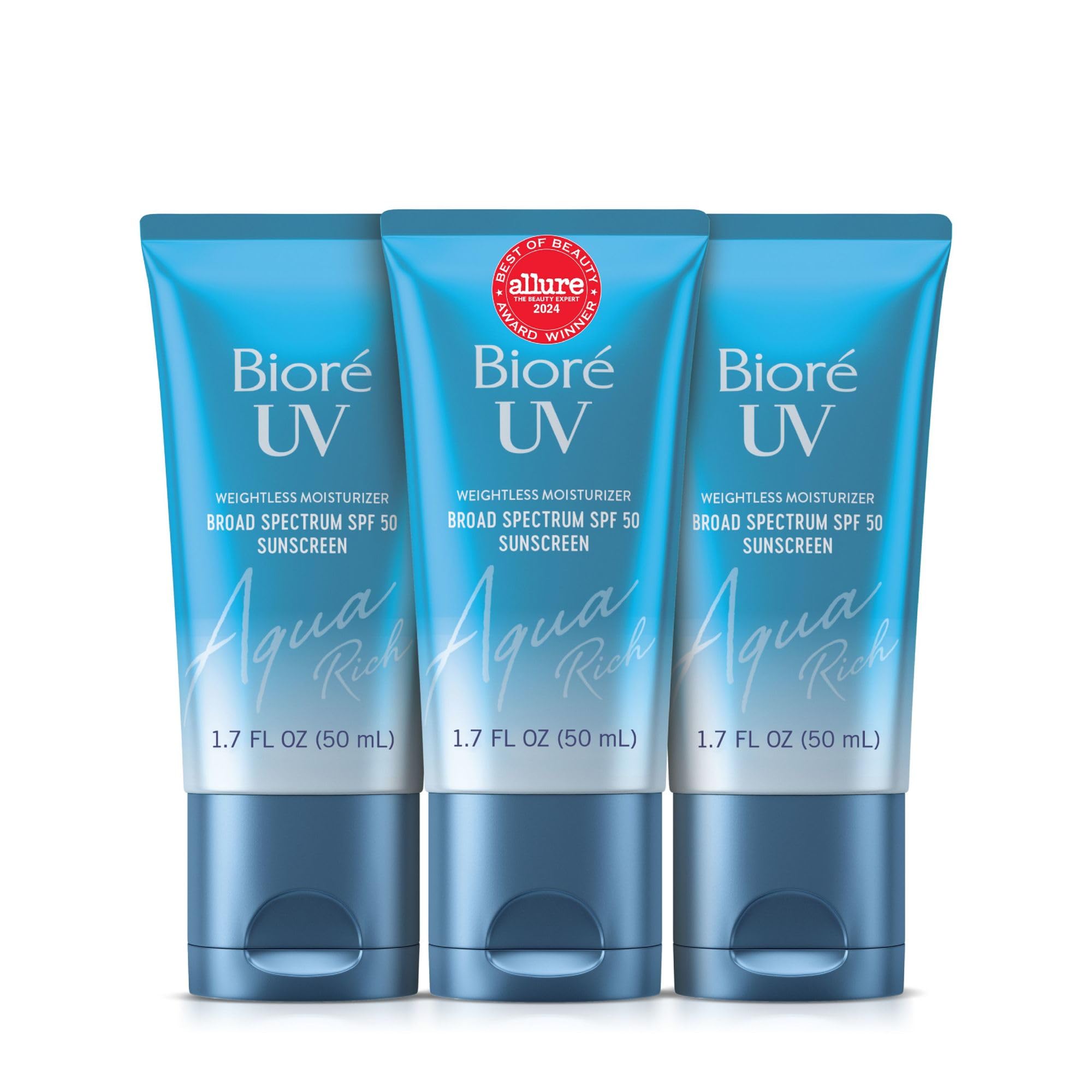 Biore UV Aqua Rich Daily Hydrating Facial Moisturizer with SPF 50 | Oil Free Sunscreen & Primer for Makeup with Hyaluronic Acid, No White Cast, Non-Comedogenic, For Sensitive Skin, 1.7 Oz, 3pck