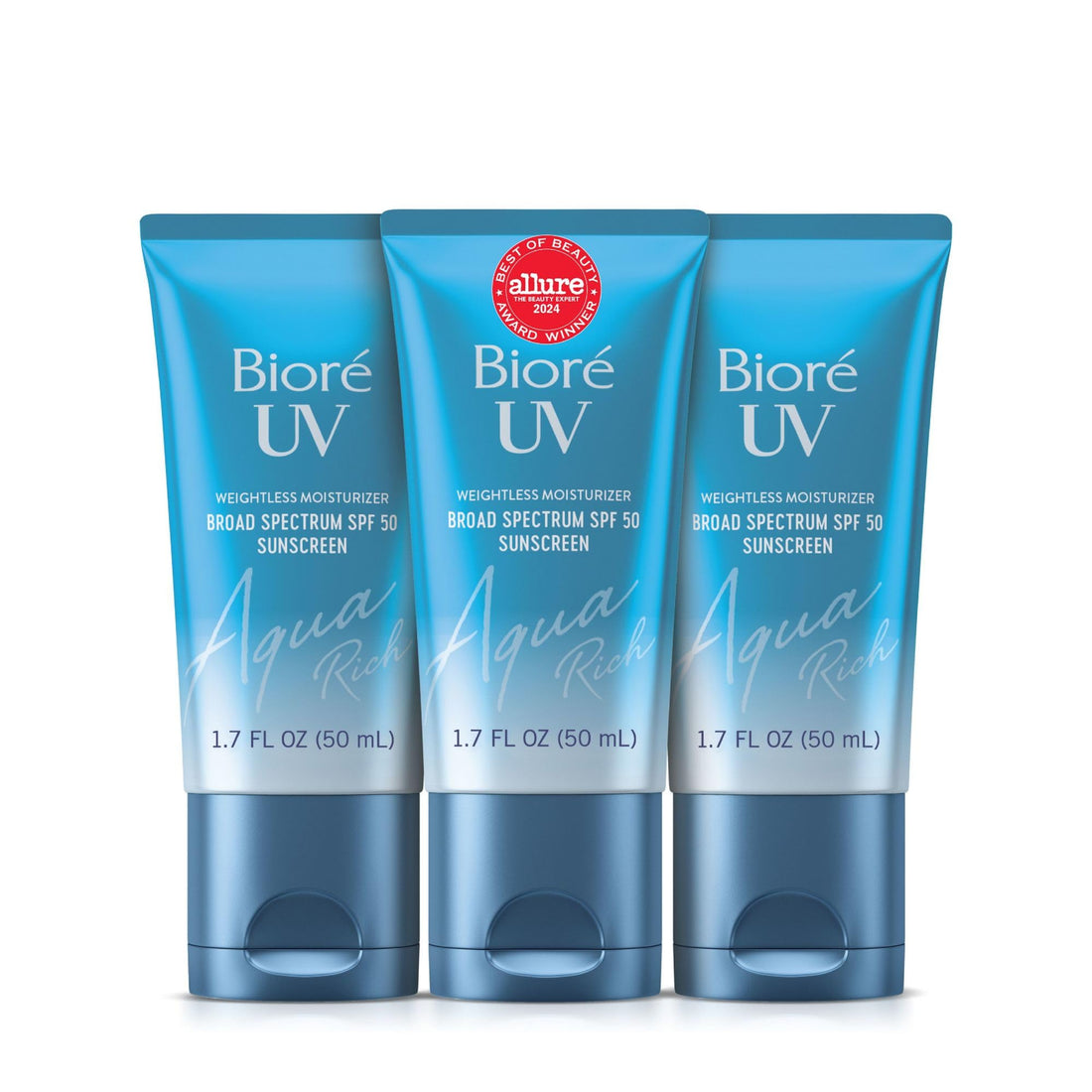 Biore UV Aqua Rich Daily Hydrating Facial Moisturizer with SPF 50 | Oil Free Sunscreen & Primer for Makeup with Hyaluronic Acid, No White Cast, Non-Comedogenic, For Sensitive Skin, 1.7 Oz, 3pck