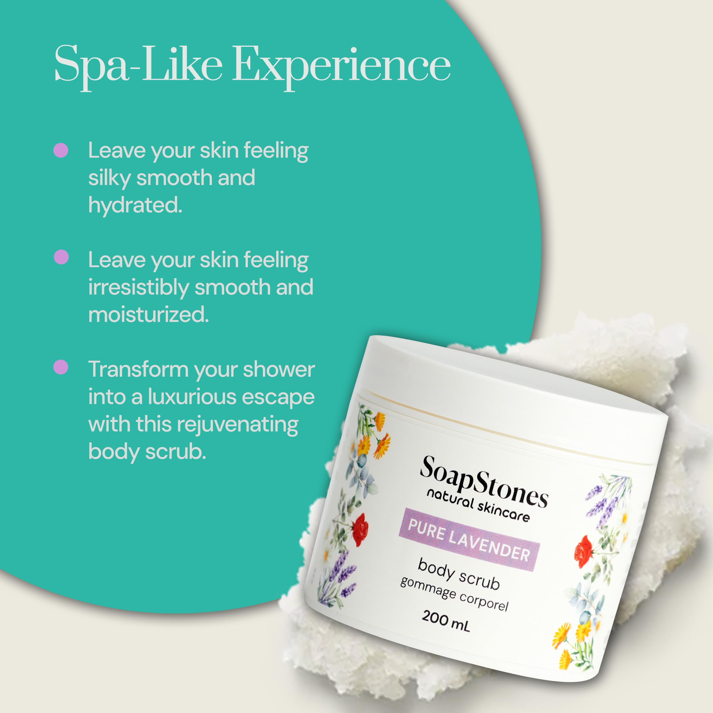 Soapstones Pure Lavender Exfoliating Body Scrub - 200 mL - Gentle and Soothing with Safflower Seed Oil - Essential Oil Infused Body Scrub Exfoliator