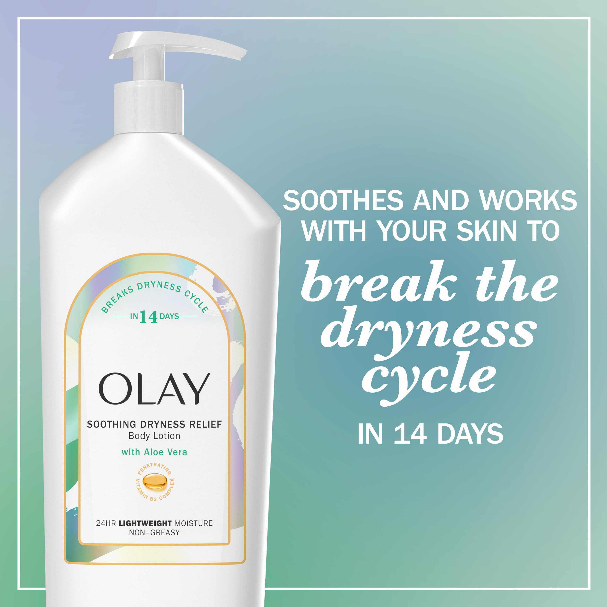Olay Soothing Dryness Relief Hydrating Body Lotion for Women, Absorbs Instantly, Formulated with Vitamin B3 Complex, Aloe Vera Scent, 18 fl oz