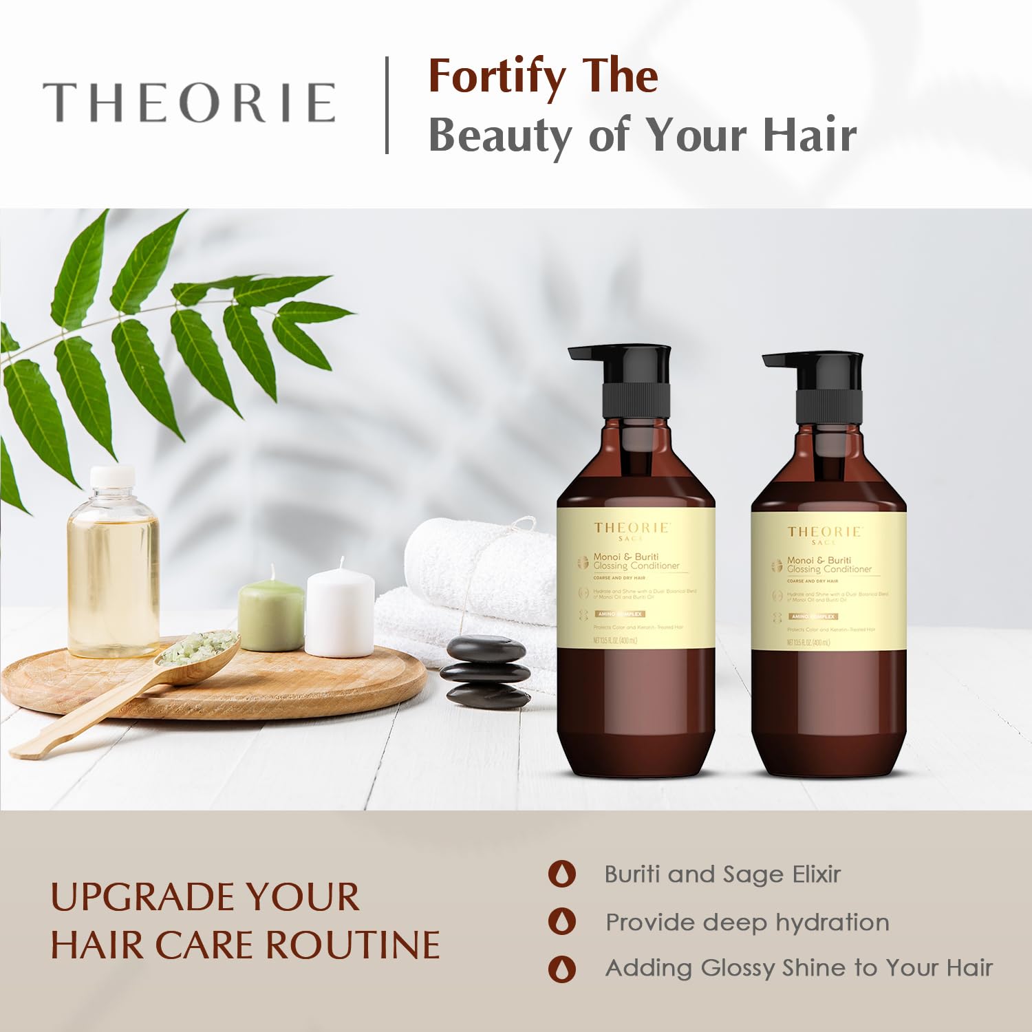 THEORIE Monoi and Buriti Glossing Conditioner - Hydrate & Shine - Suited for Coarse and Dry Hair - Protects Color & Keratin Treated Hair, Pump Bottle 400mL