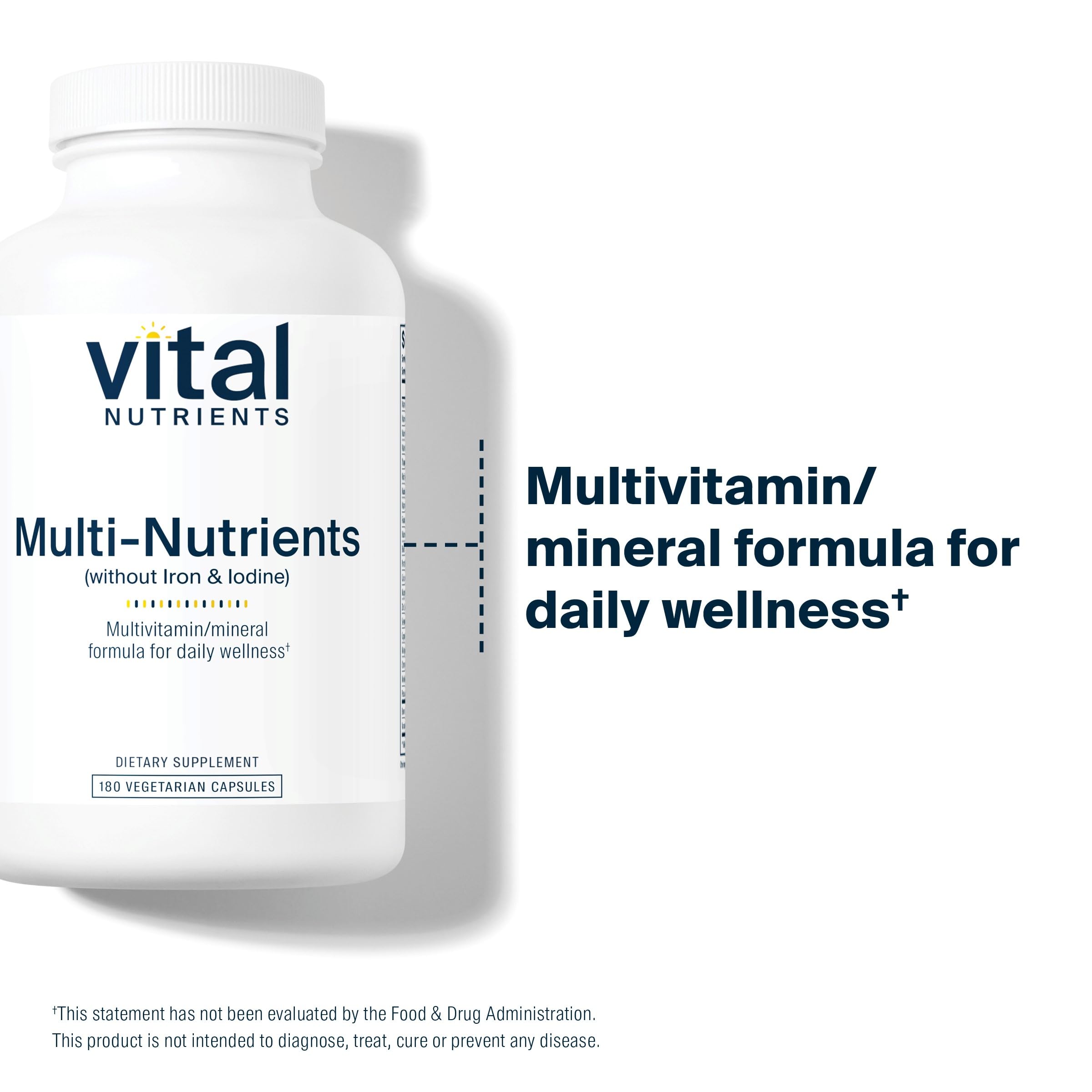 Vital Nutrients Multi-Nutrients with No Iron or Iodine | Comprehensive Vegetarian Daily Multivitamin and Mineral Formula with Potent Antioxidants* | Gluten, Dairy and Soy Free | 180 Capsules