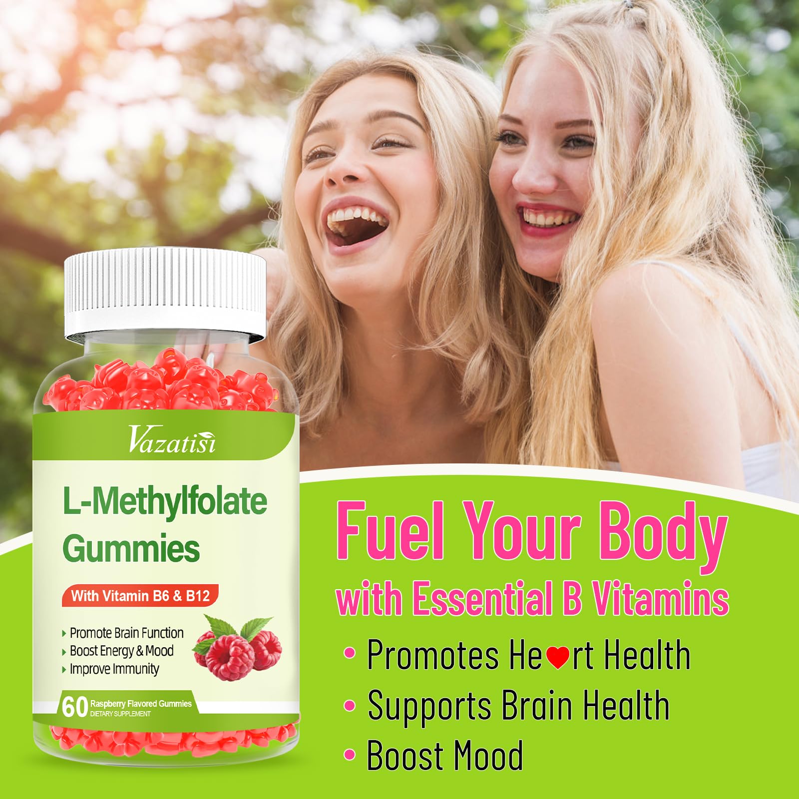 Vazatisi L-Methylfolate 15 mg Gummies with Methyl B12, Folate Supplement for Mood, Brain Health, Immune Support, Raspberry Flavor, 120 Count